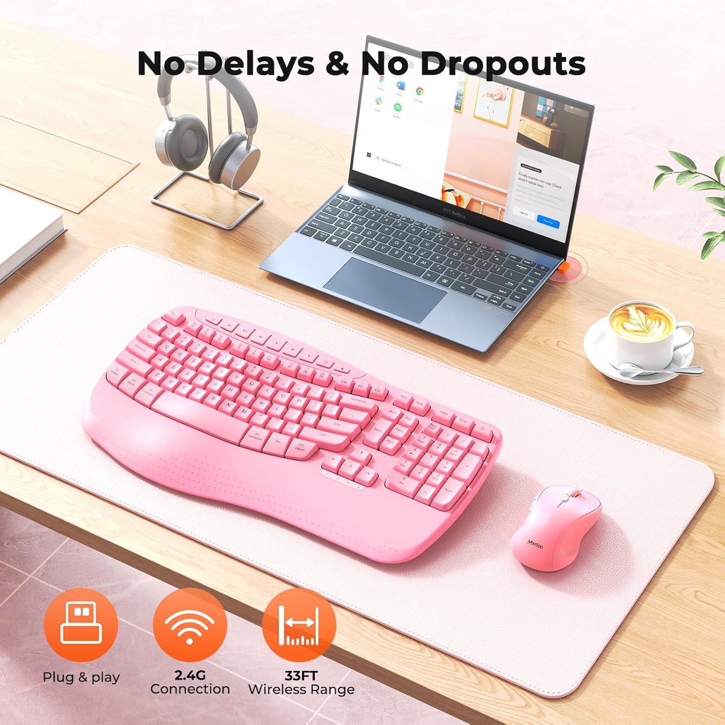 MEETION Teclado y ratón inalámbricos ergonómicos, teclas onduladas...