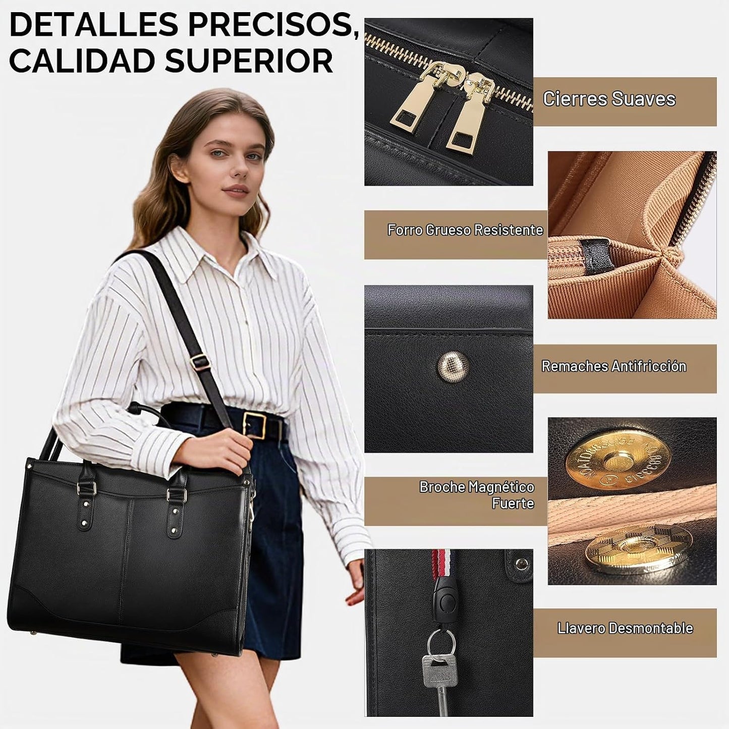 Masa Kawa Bolso de mano de cuero negro para computadora portátil de...