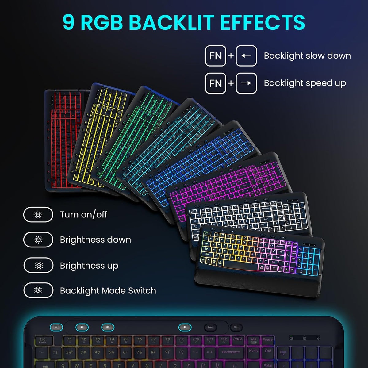 Juego de ratón con teclado inalámbrico, 9 retroiluminación RGB, rep...