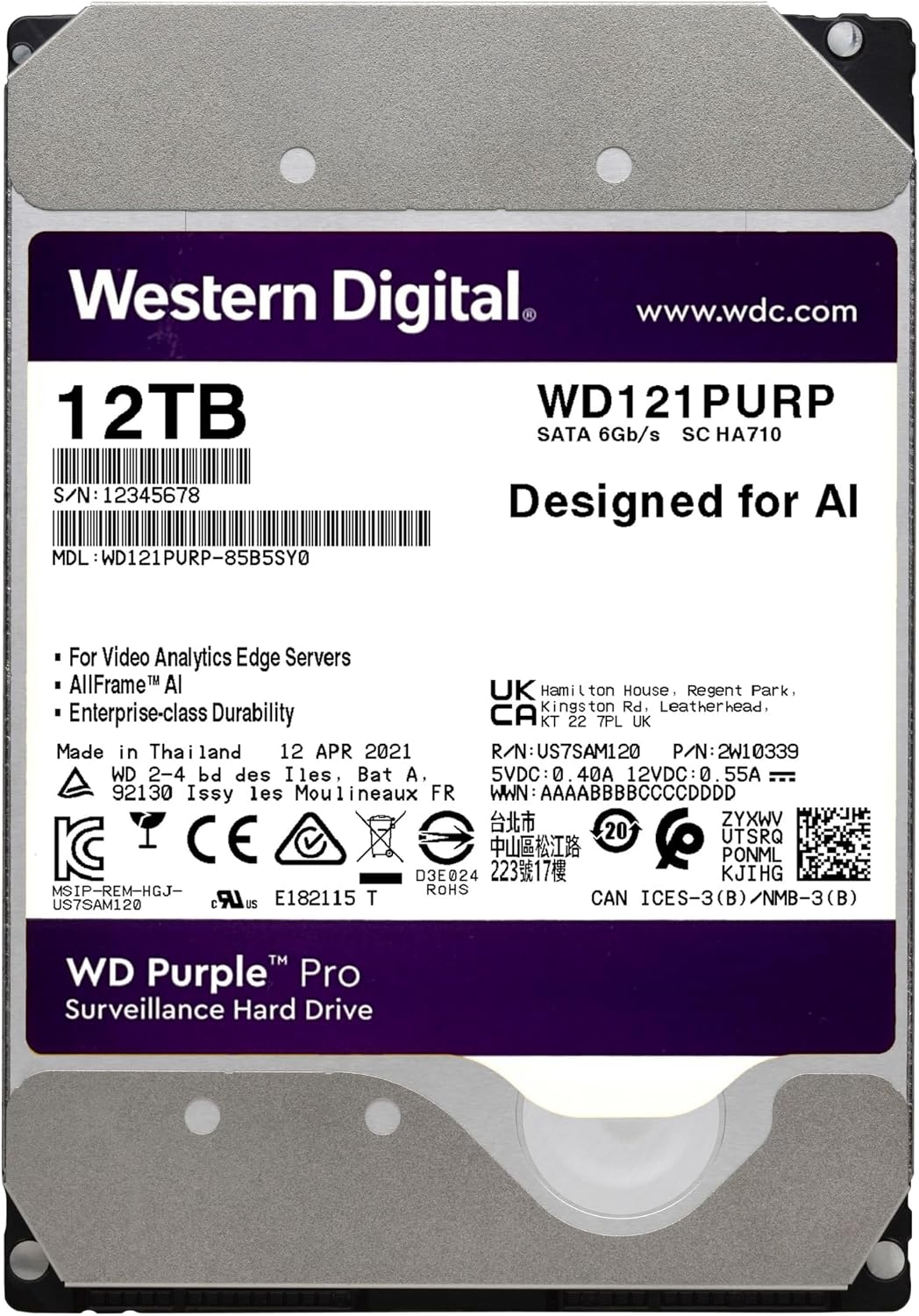 Western Digital 12TB WD Purple Pro Surveillance Disco duro interno...