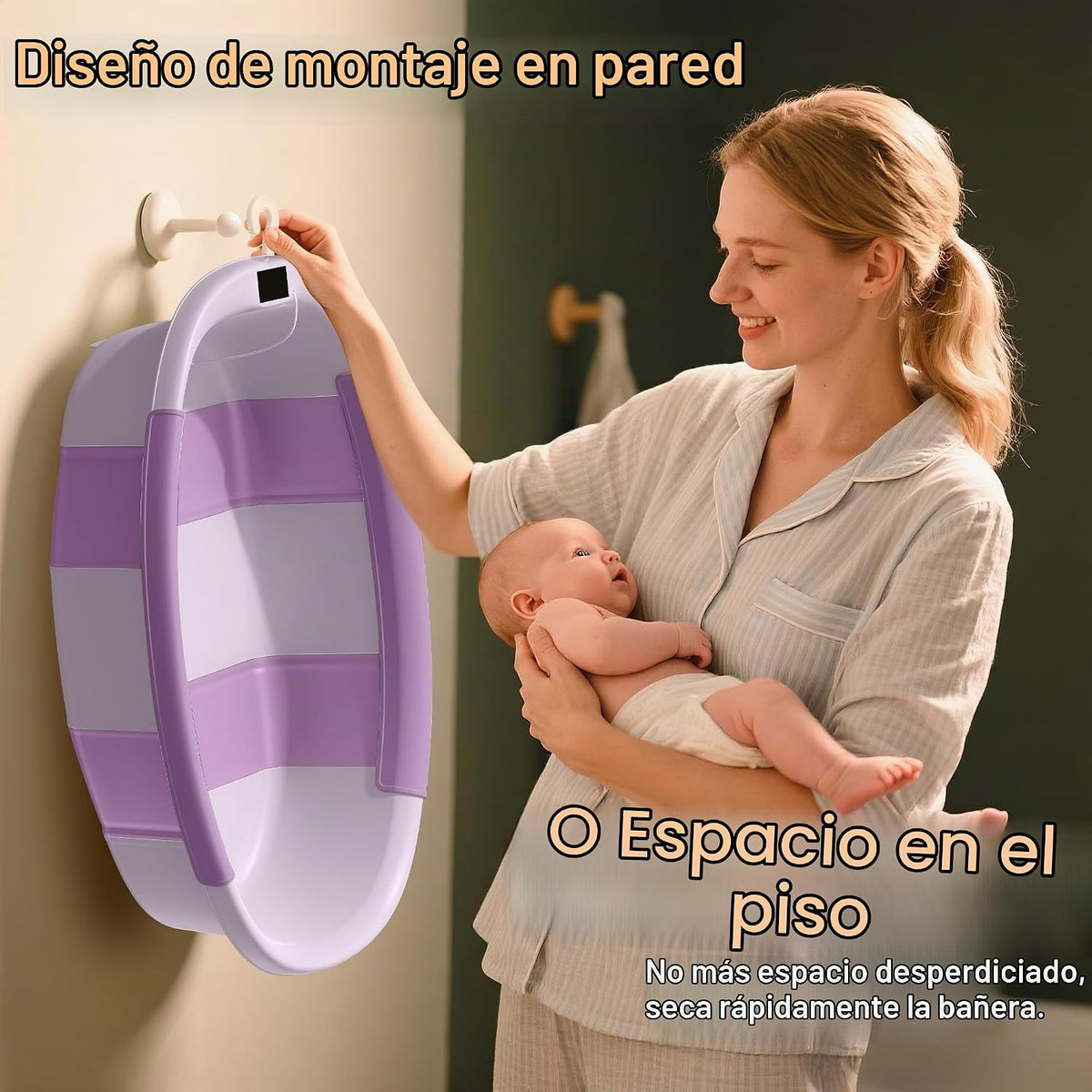 Bañera plegable para bebé, bañera grande para bebé con termómetro y...