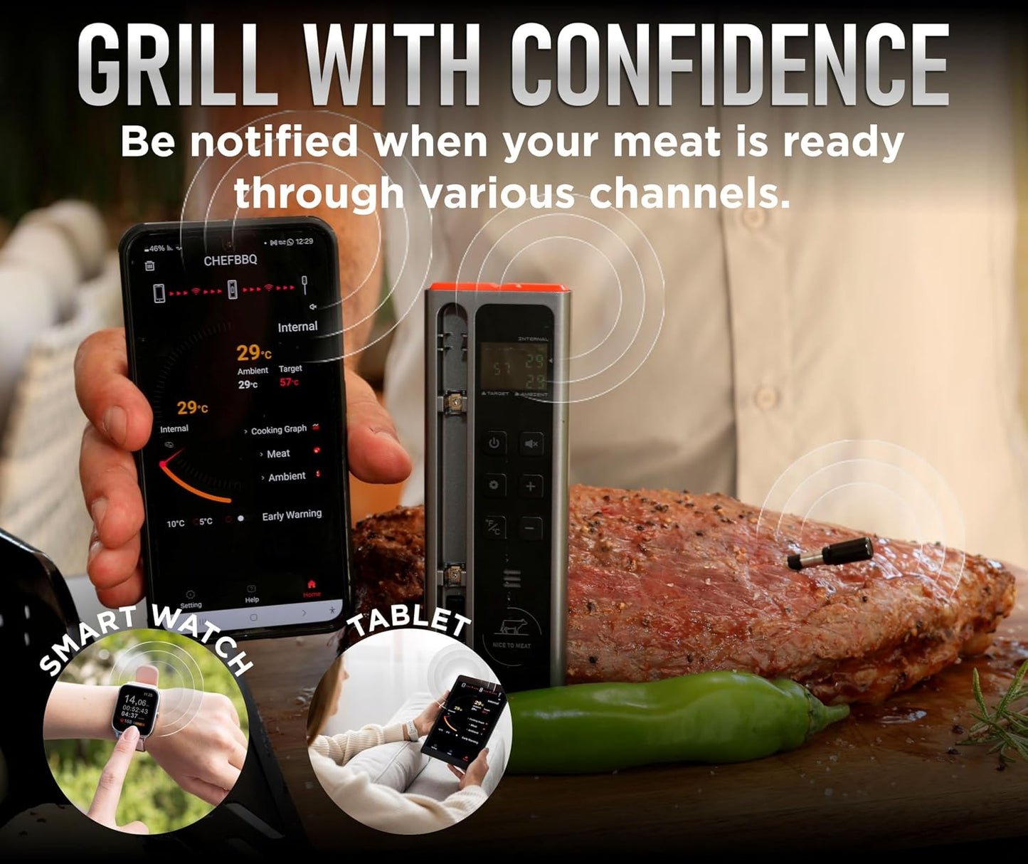 Termómetro inalámbrico para carne, juego de barbacoa digital, conec...