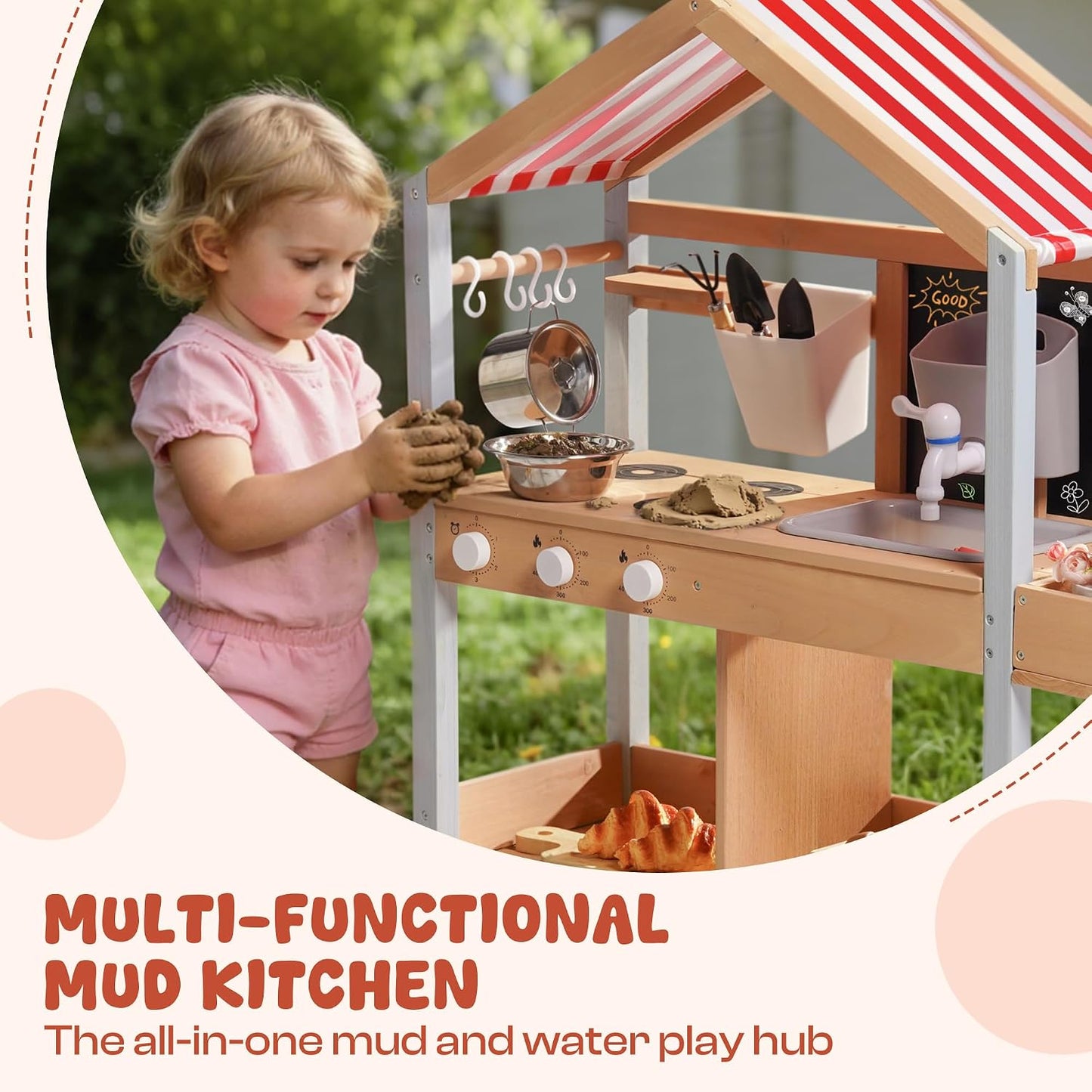 ROBUD Cocina de barro para niños, juego de madera al aire libre con...