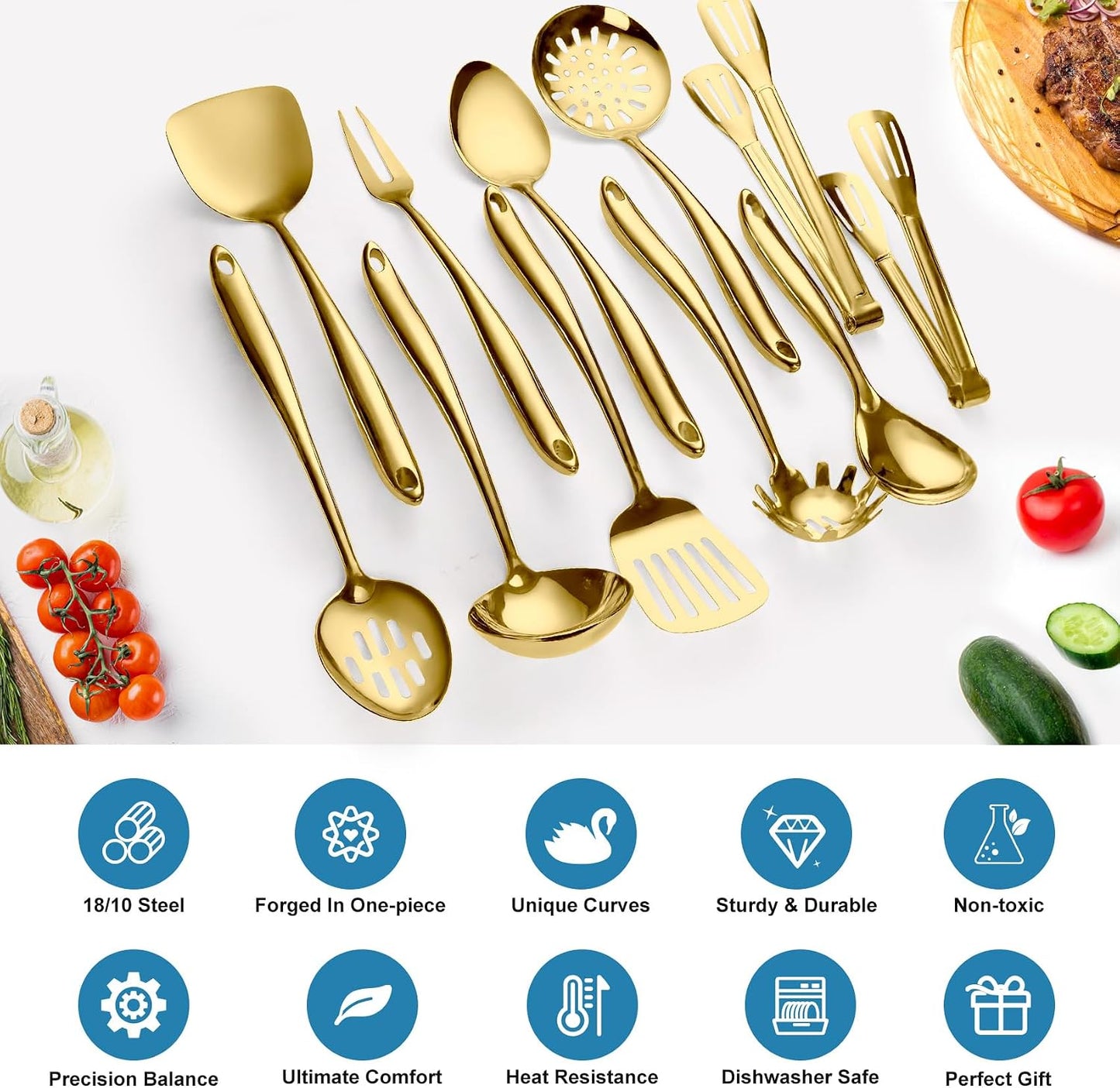 Juego de utensilios de cocina de acero inoxidable dorado 304, 11 pi...