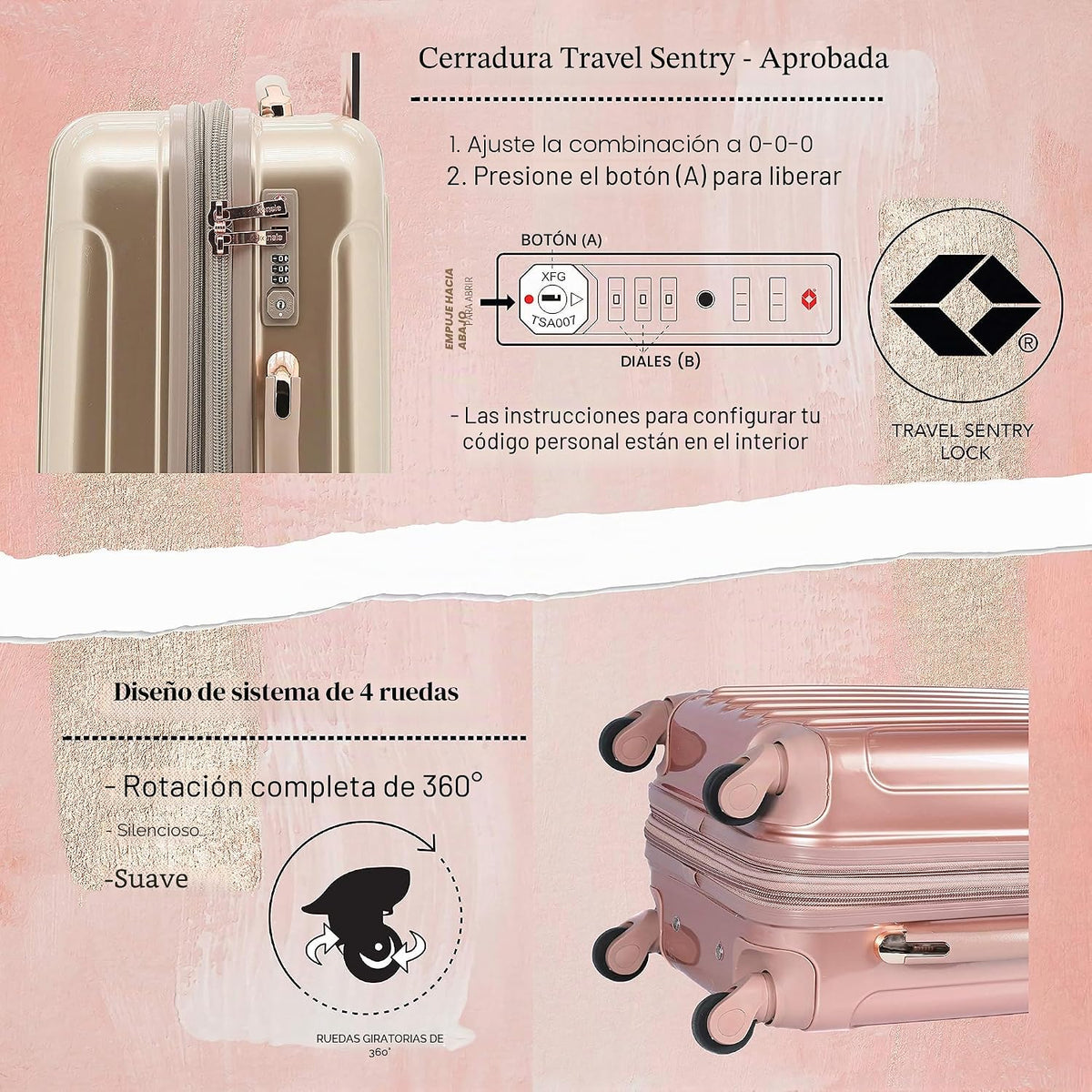 kensie Conjunto de equipaje Alma para mujer, Oro rosa, Maleta de ma...