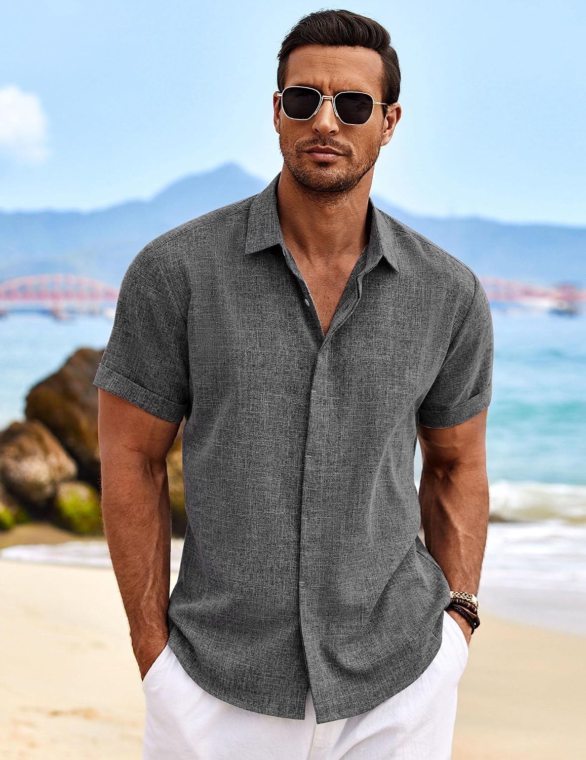 COOFANDY Camisas de lino para hombre de manga corta, camisas casual...