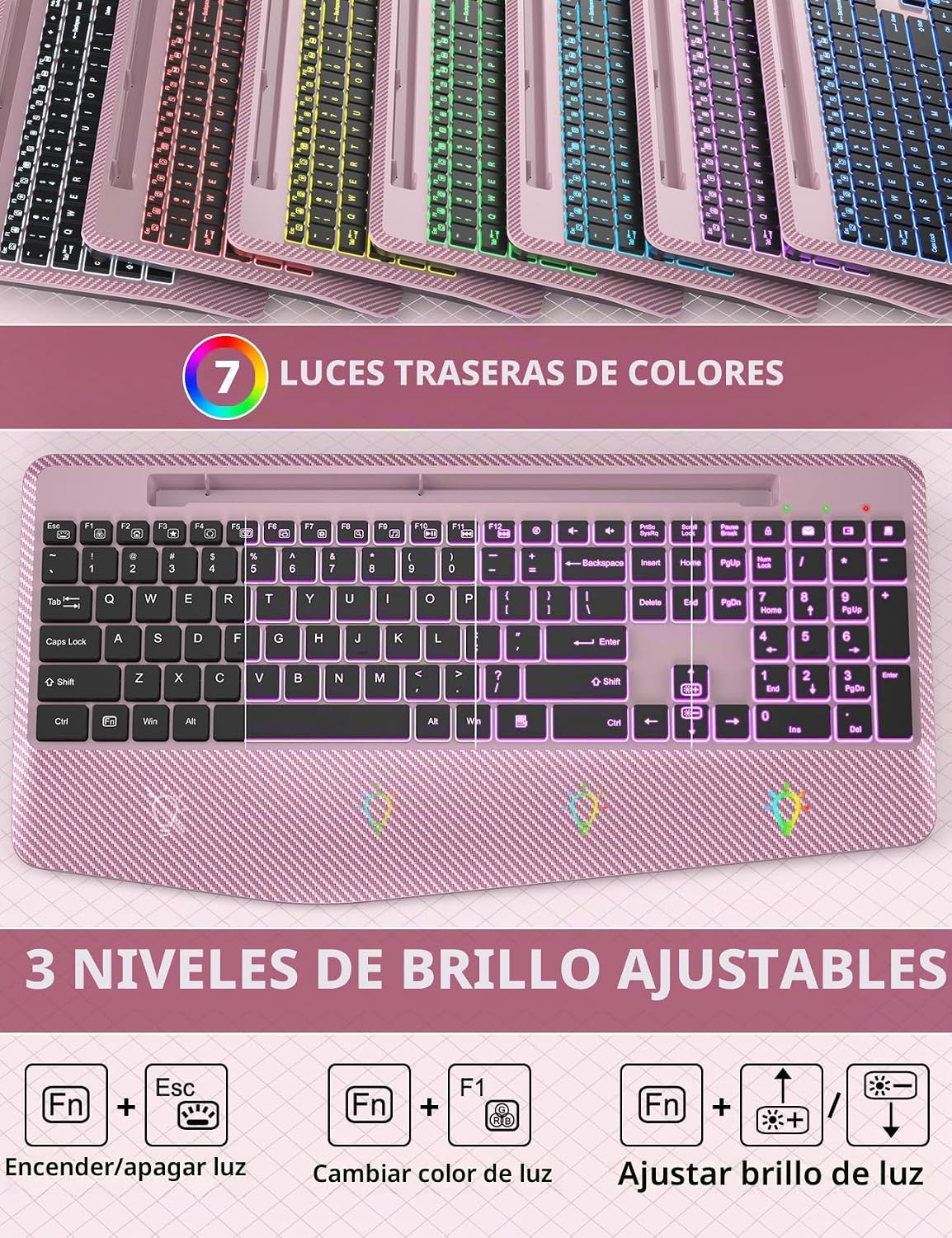 Teclado y Mouse Inalámbricos con Retroiluminación, Reposamuñecas, M...
