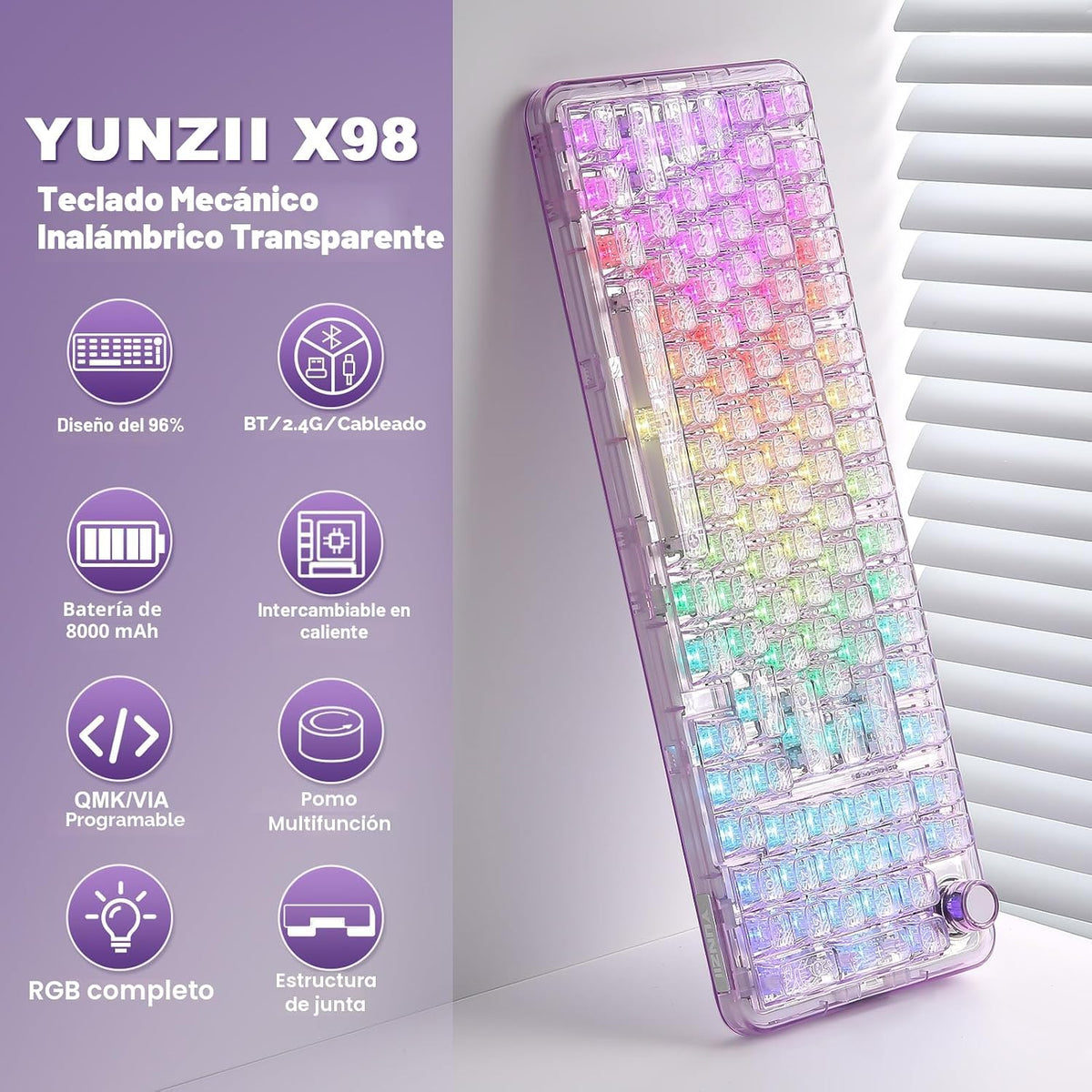 YUNZII X98 QMK\/VIA Teclado Mecánico Inalámbrico para Juegos con Pe...