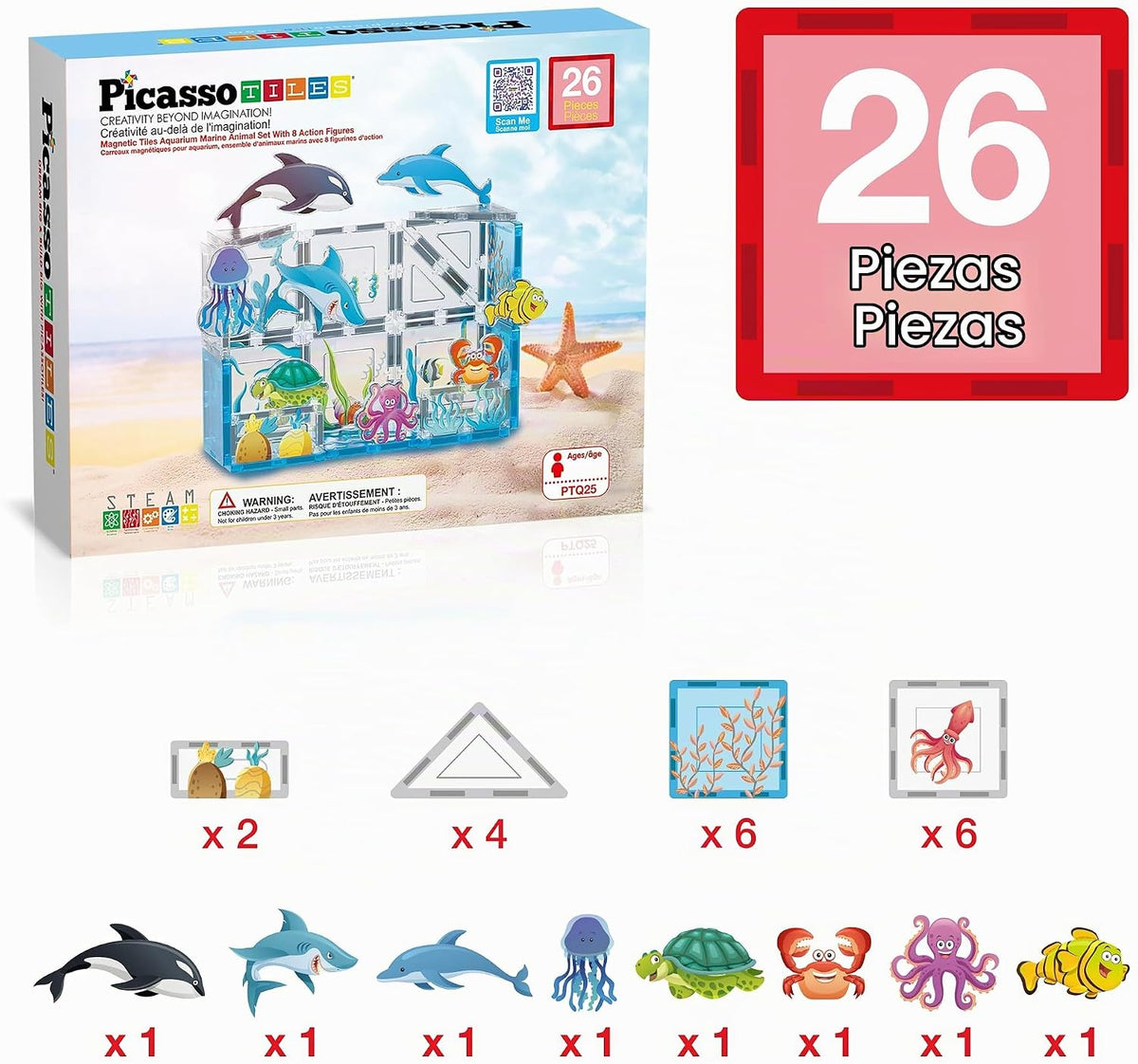 PicassoTiles 26 piezas de azulejos magnéticos, bloques de construcc...