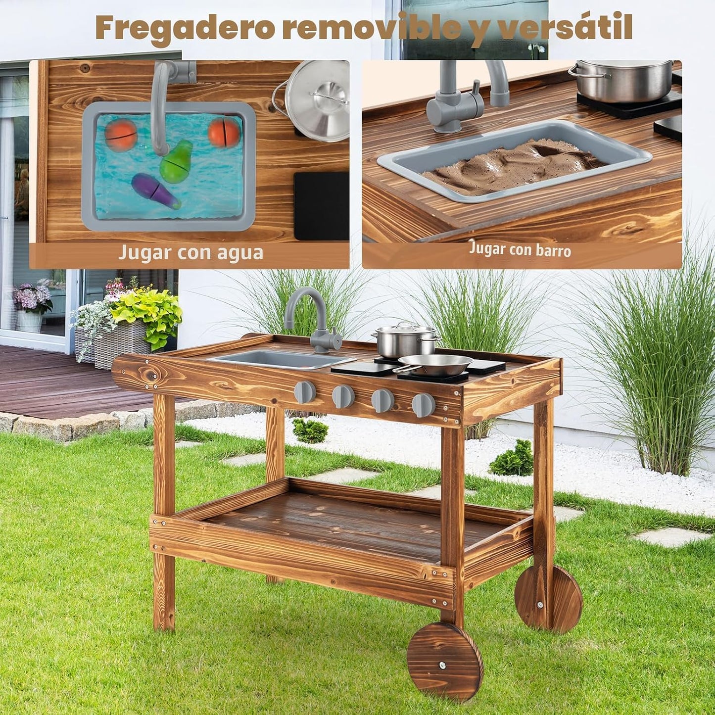 Costzon Cocina de barro, cocina de juego al aire libre con fregader...