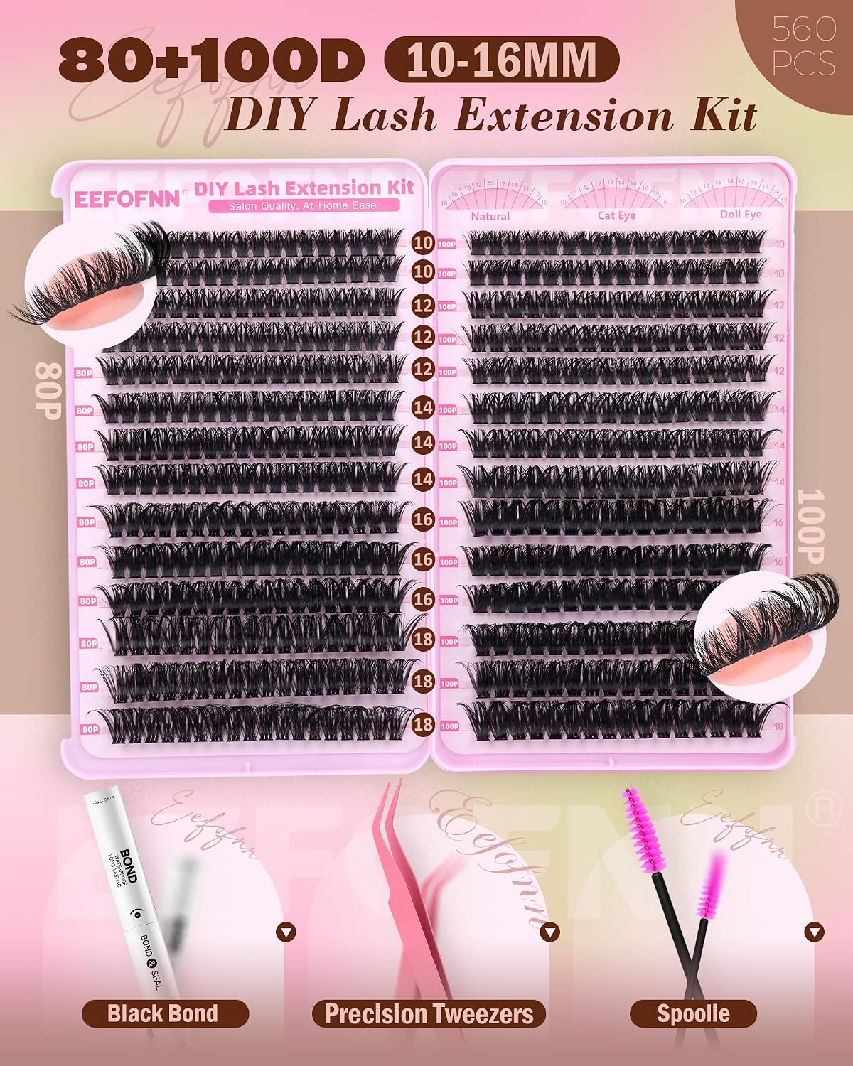 Kit de extensiones de pestañas con volumen, 560 piezas, 80D 100D, k...