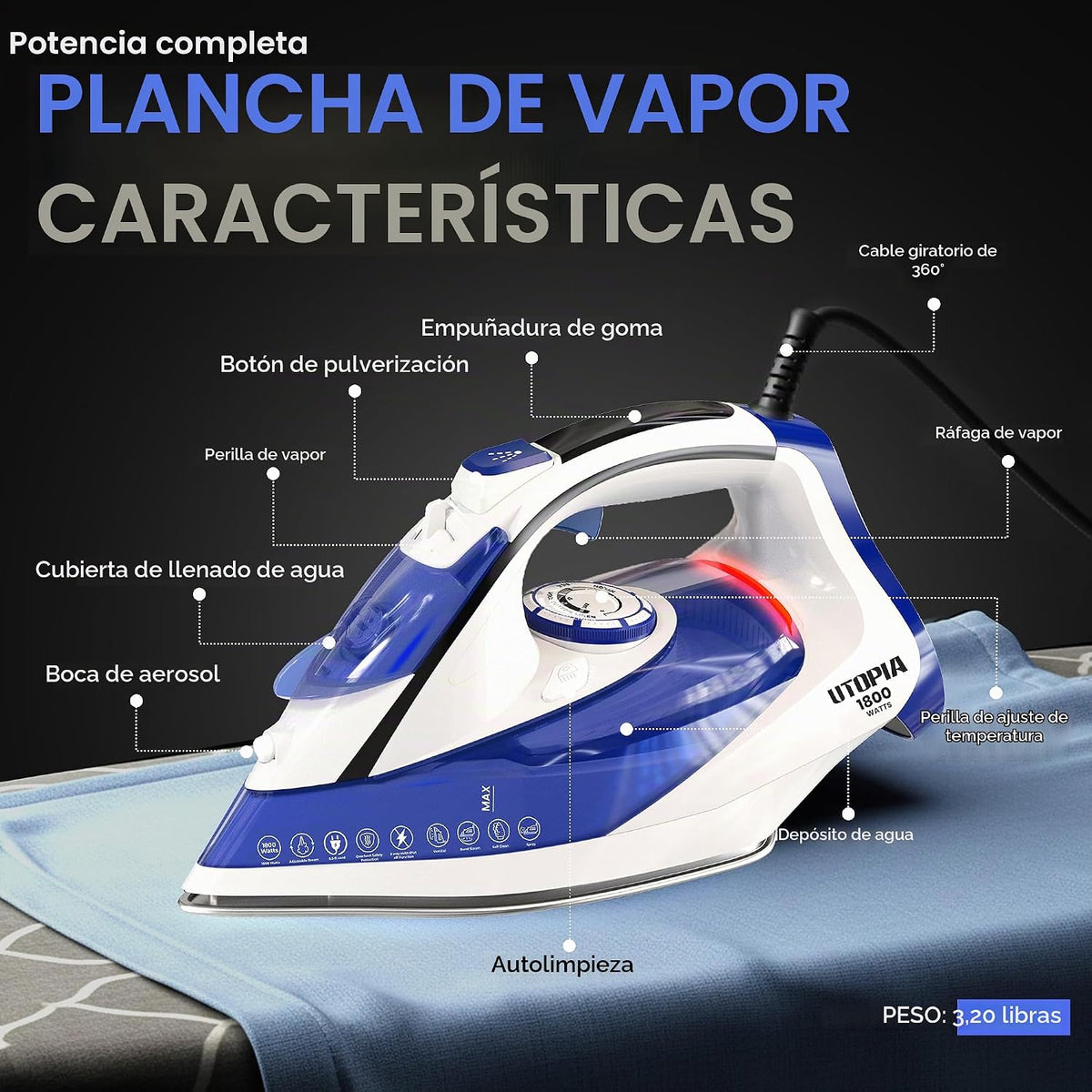 Utopia Home Plancha de vapor para ropa, suela antiadherente, planch...
