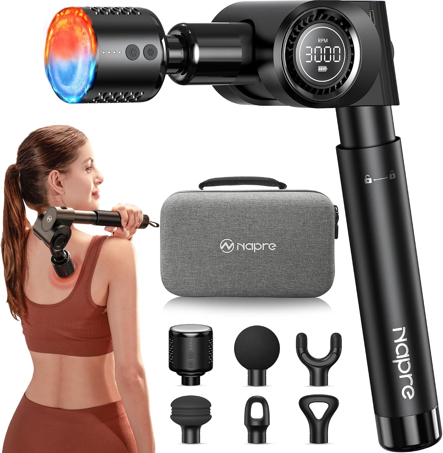 NAPRE Pistola de masaje con calor y cabeza fría, masajeador de espa...