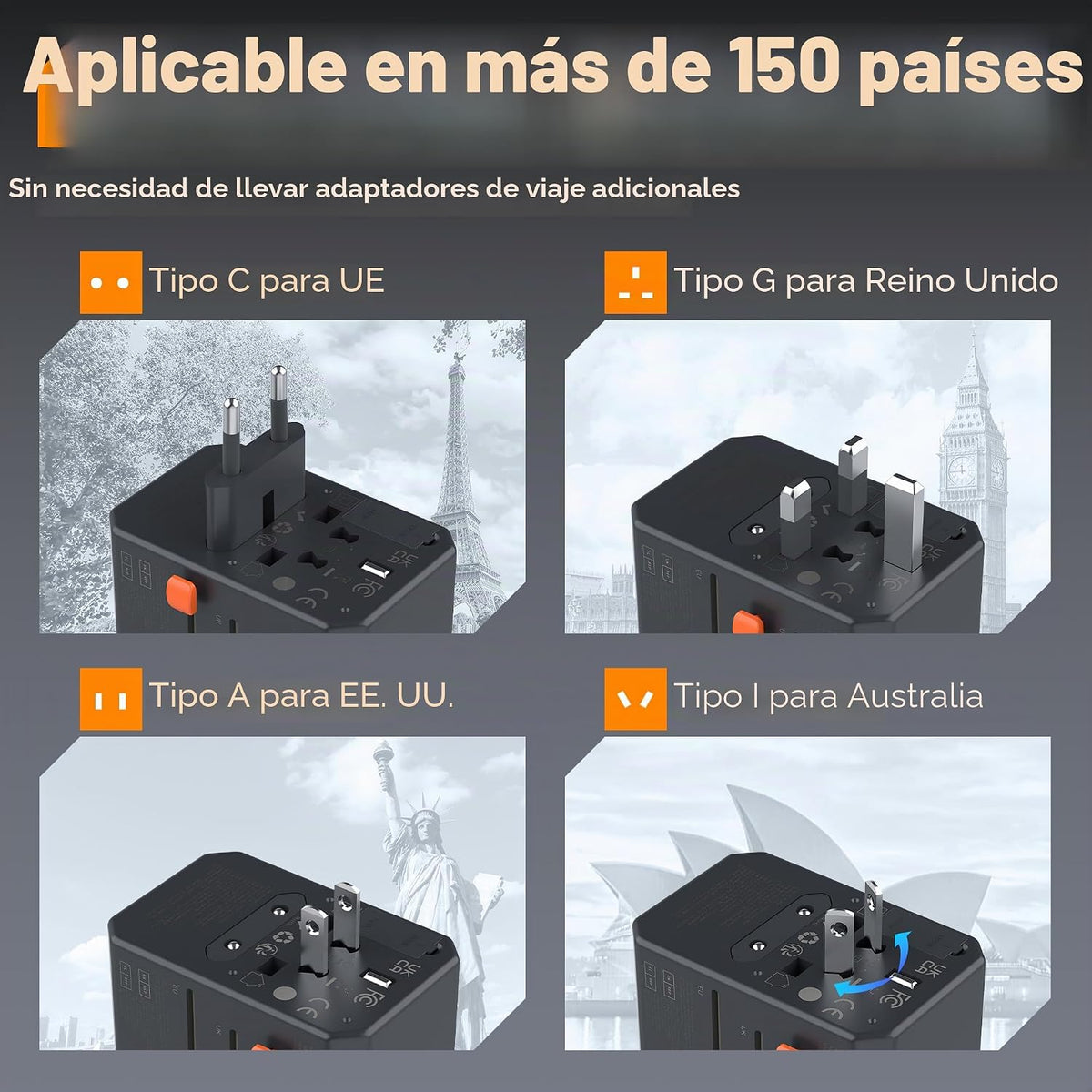 TESSAN Adaptador universal de viaje, GaN 65W, negro | Adaptador de...