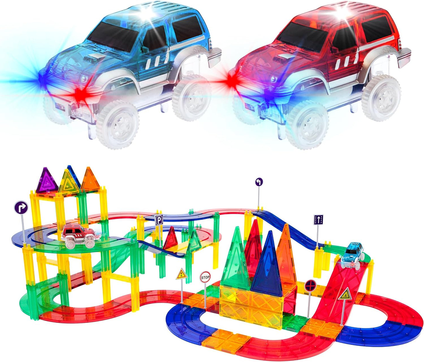 PicassoTiles 80 piezas de azulejos magnéticos de pista de autos de...