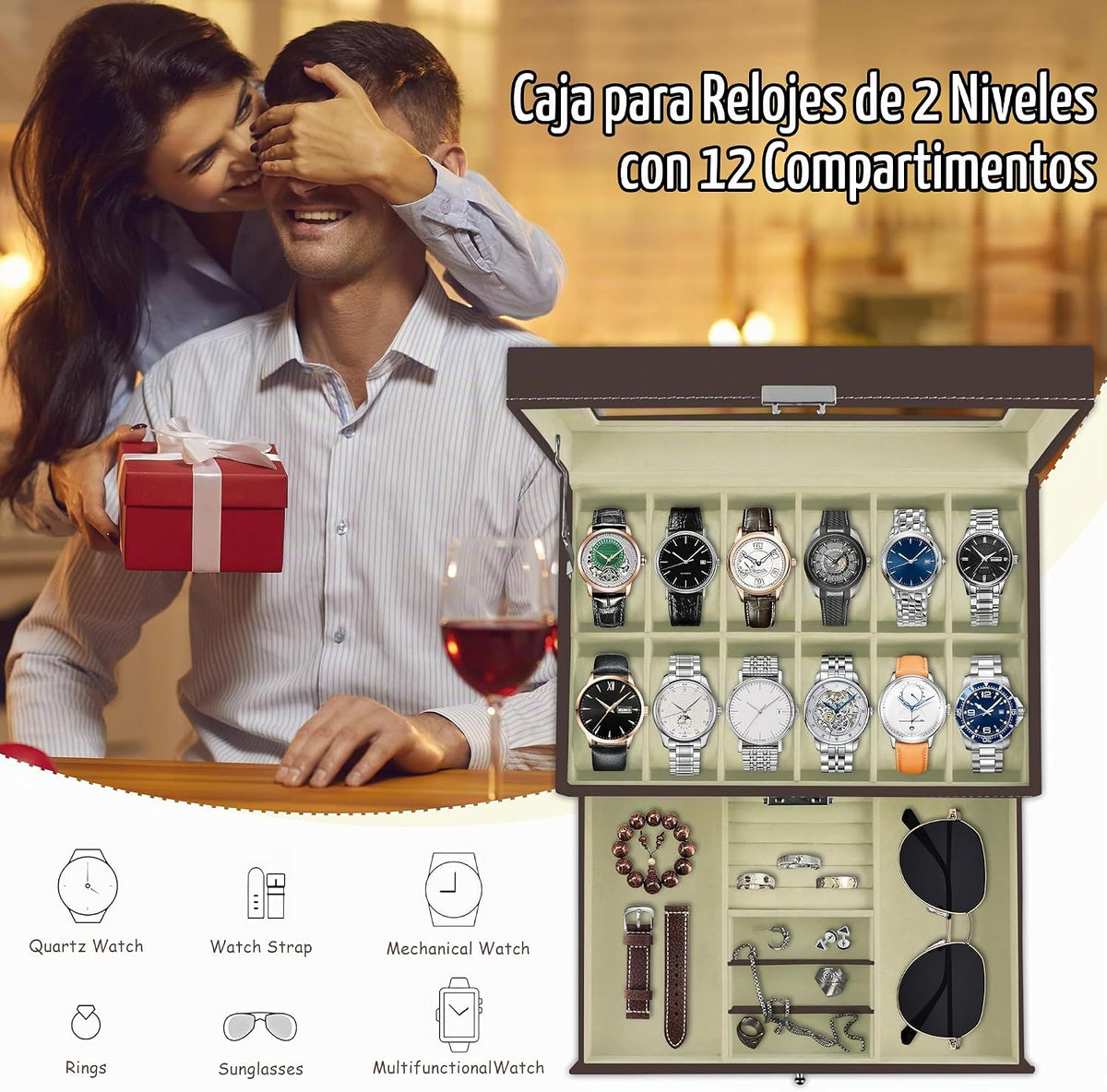 Ogrmar Cajas de almacenamiento de relojes de 12 ranuras de cuero PU...
