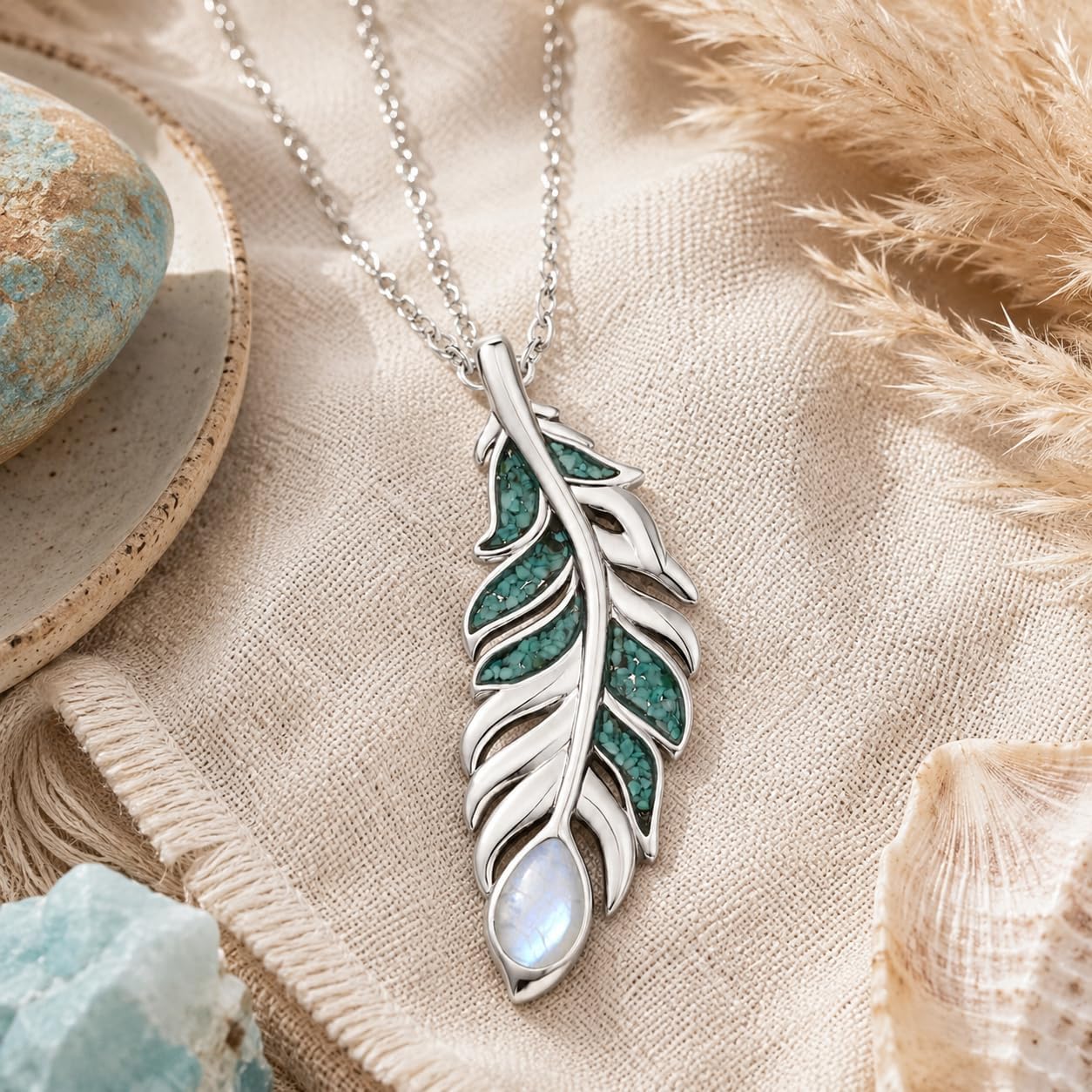 Teetyyt Collar de Plumas de Turquesa para Mujer Chapado en Oro Blan...
