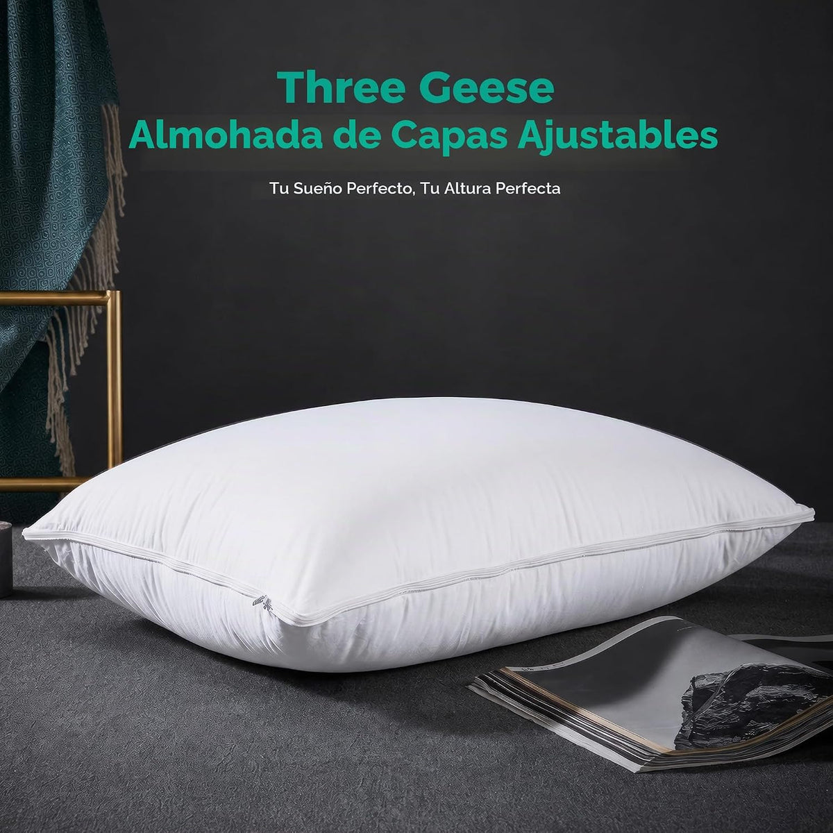 Three Geese Almohada de plumas de ganso de capa ajustable, almohada...