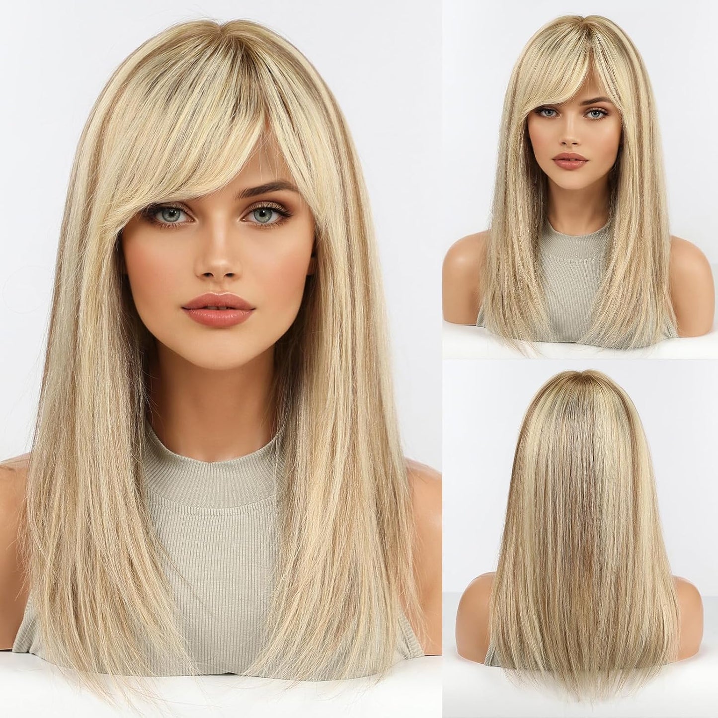 KKU Pelucas de cabello humano castaño dorado degradado de 16 pulgad...