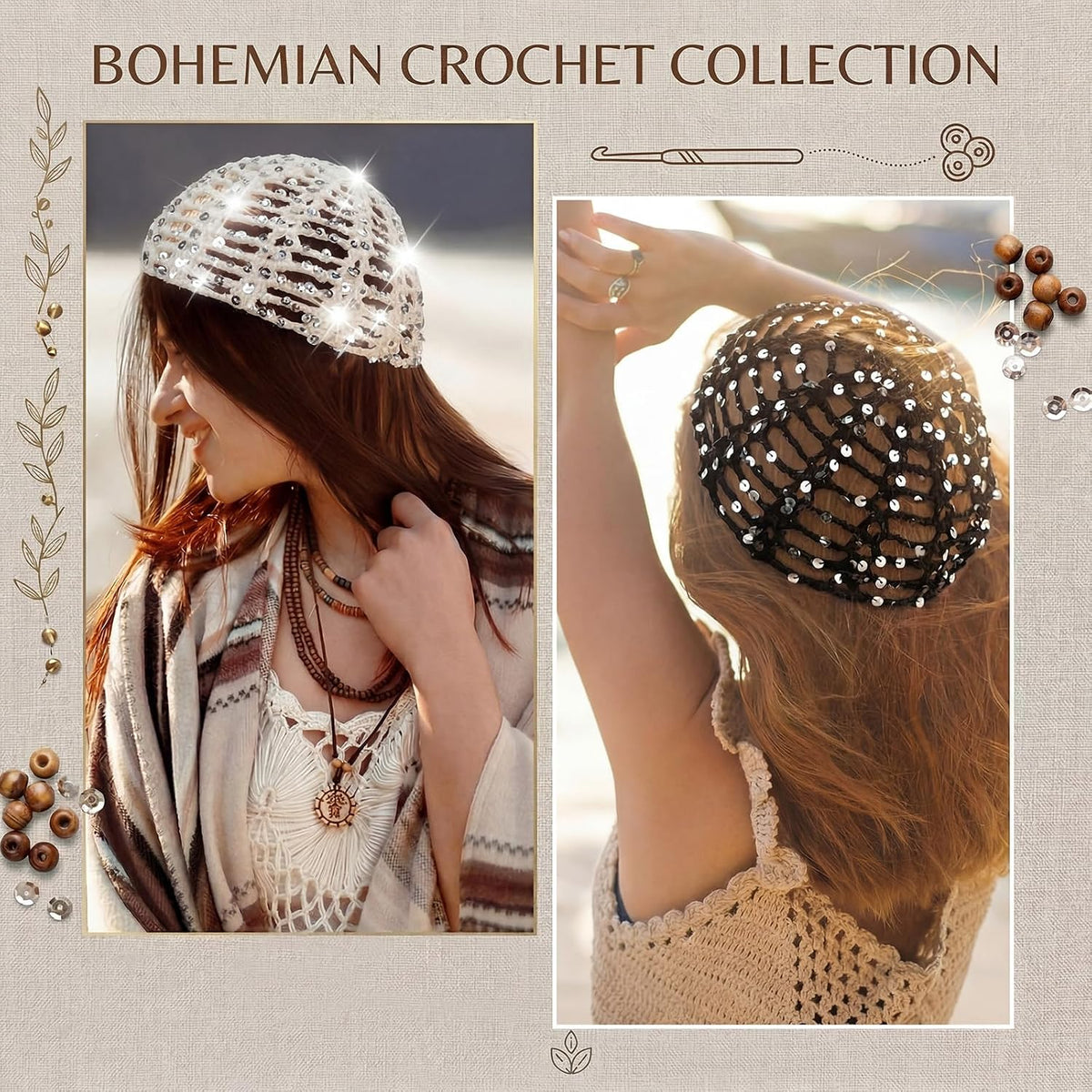 Cuffbow Gorro de ganchillo con lentejuelas brillantes, estilo bohem...