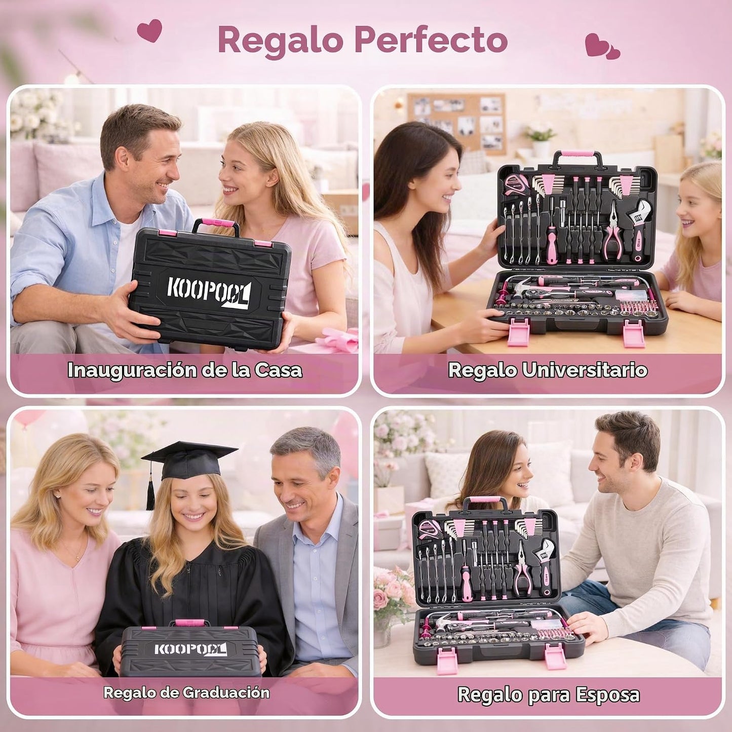 KOOPOOL Juego de herramientas rosa de 159 piezas, kit de herramient...