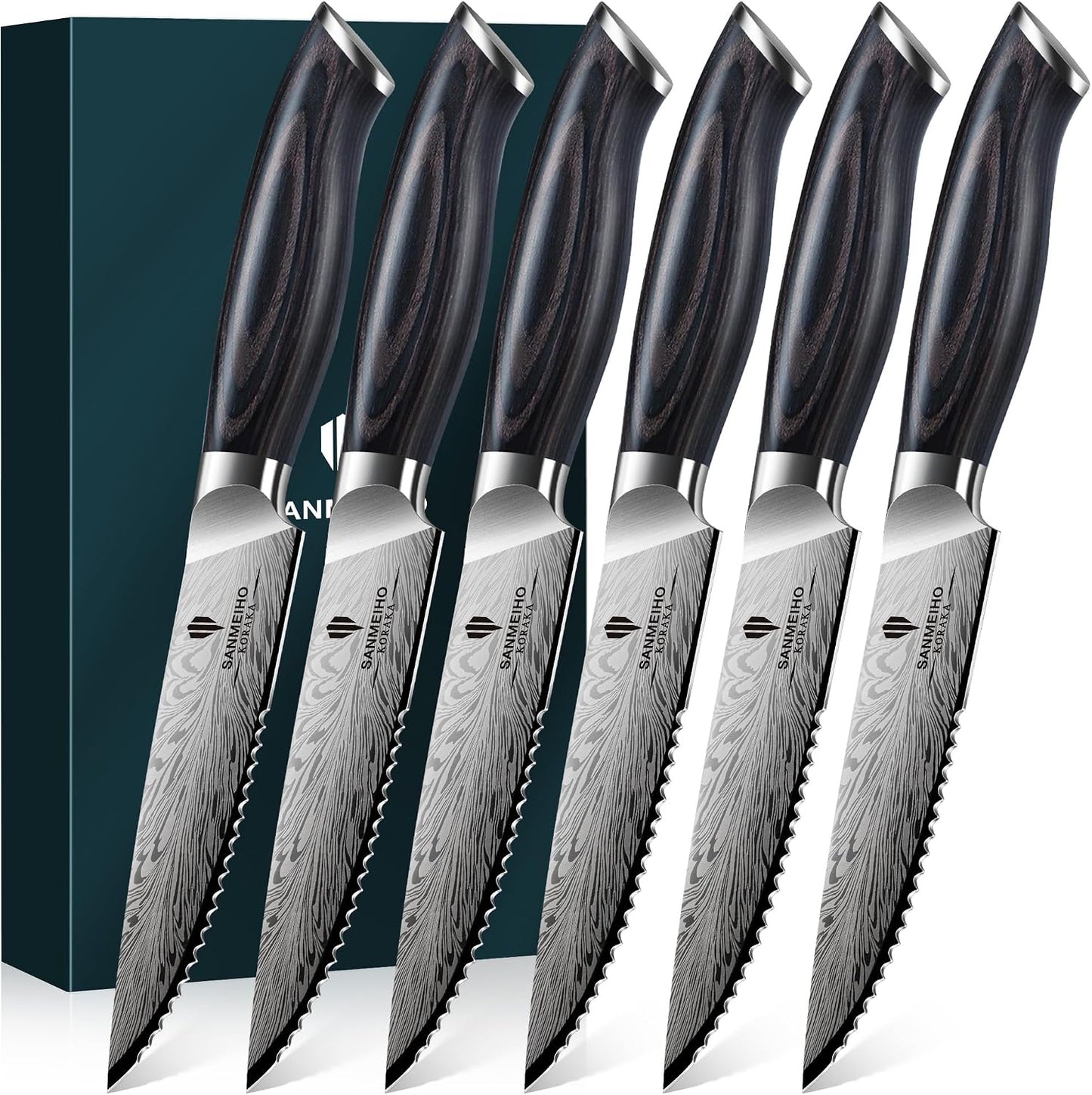 SANMEIHO Juego de 6 cuchillos para carne, ultra afilados de acero e...
