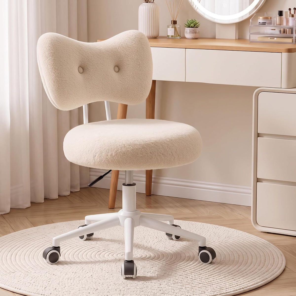 Silla de tocador pequeña con ruedas, cómoda silla de escritorio con...