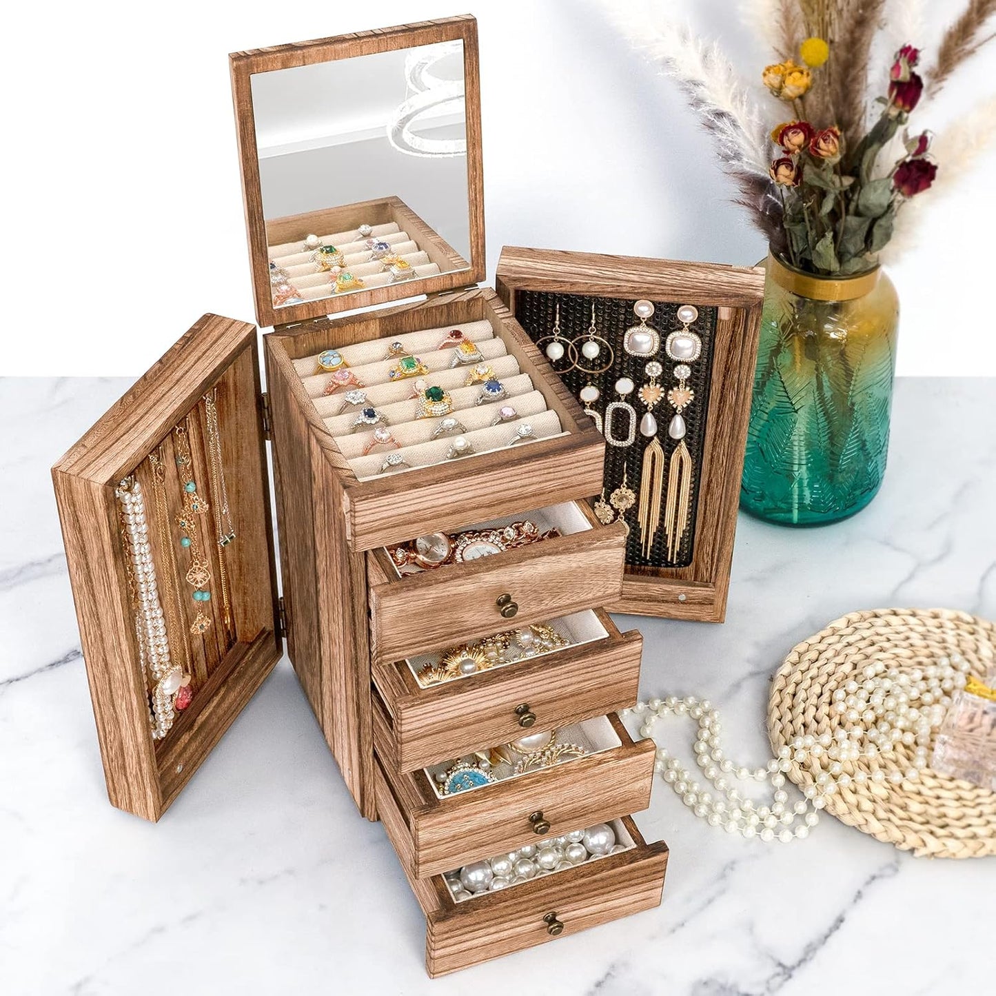 Meangood - Joyero de madera para mujeres, caja organizadora grande...