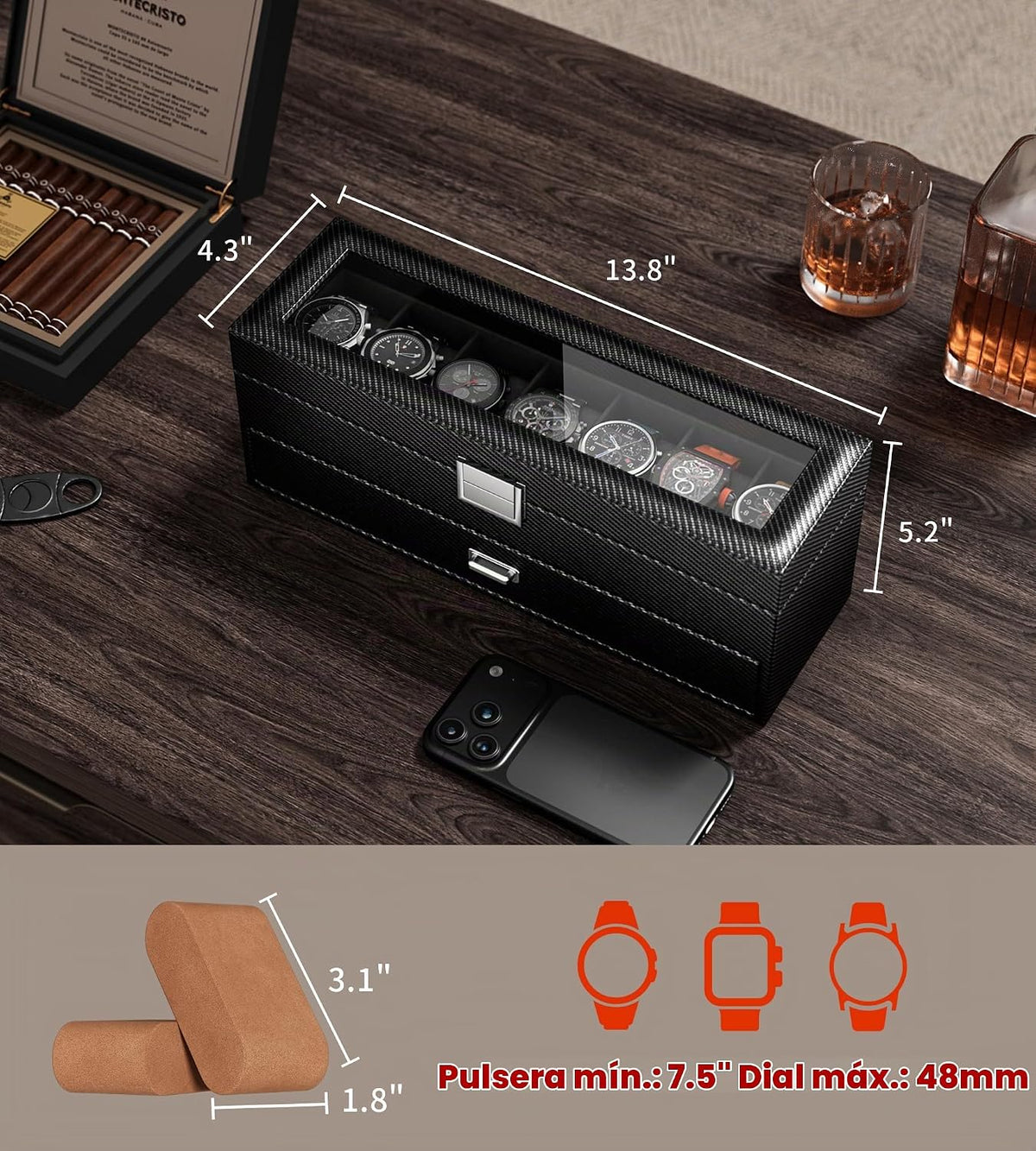 sensok Caja de reloj para hombre, 7 SLots relojes, organizador de a...