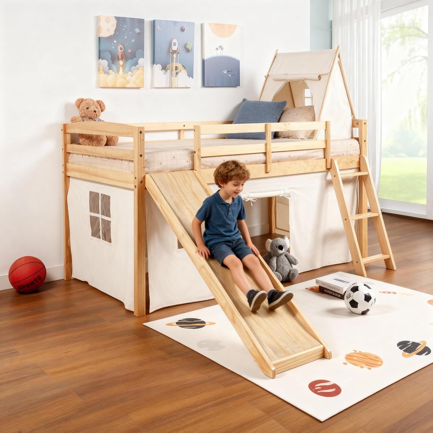 Spirich Cama tipo loft para niños con tobogán y escalera, marcos de...