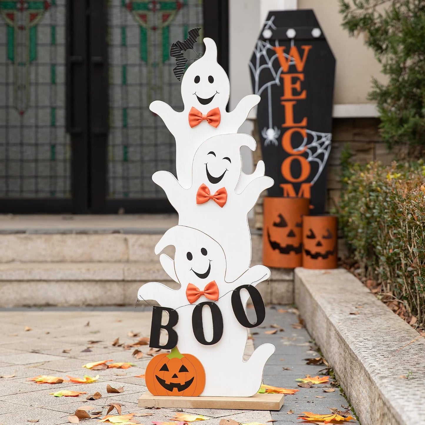 Glitzhome - Letrero de madera apilado de fantasmas para Halloween d...
