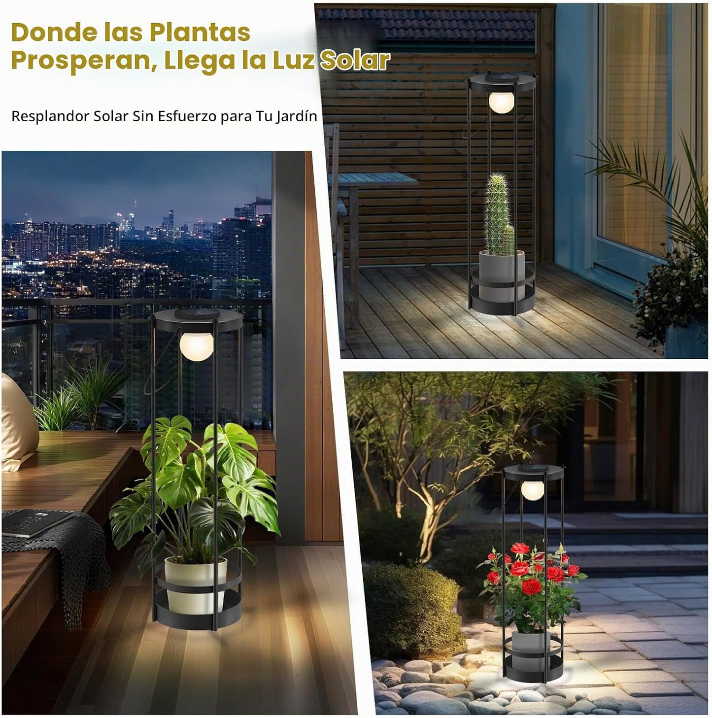 Lámpara de pie solar para exteriores con soporte para plantas 2 en...