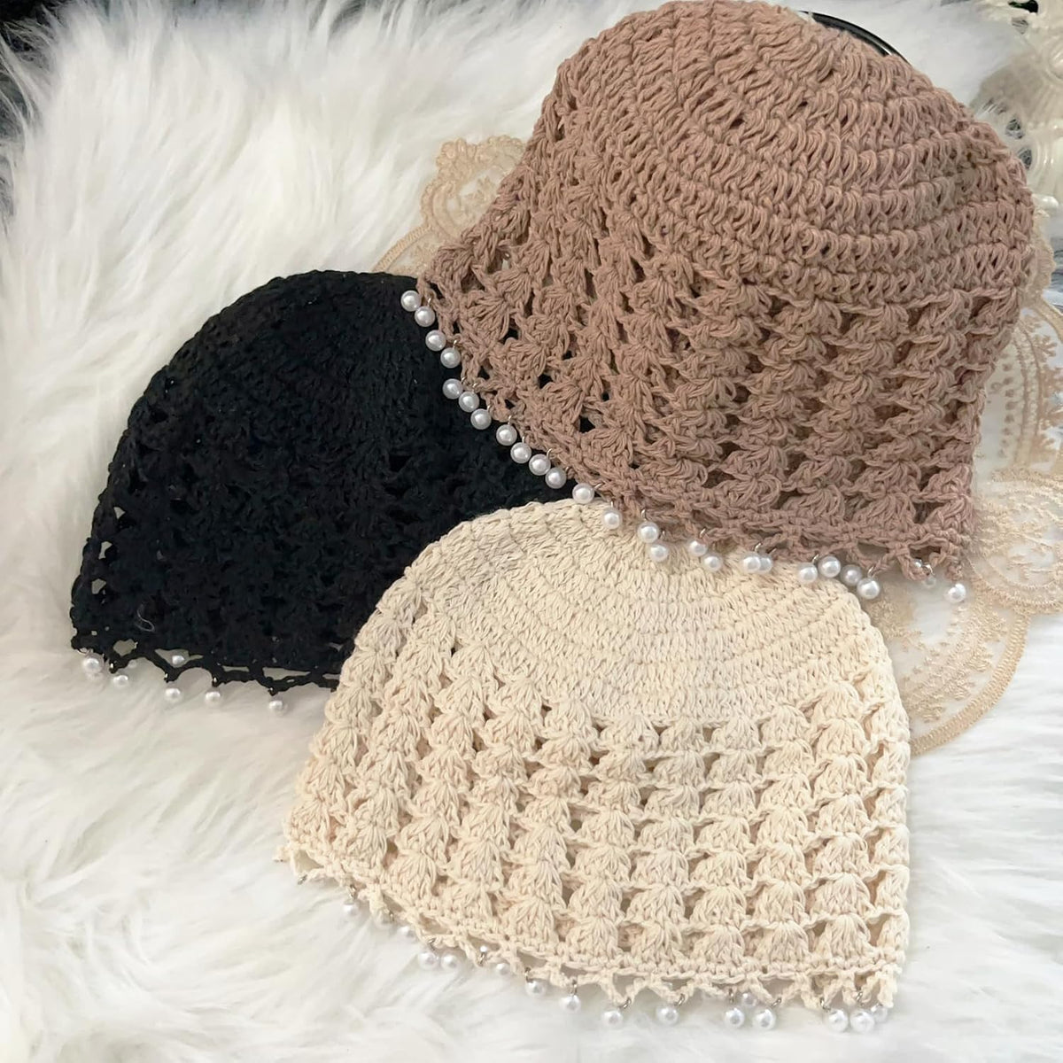 Lyfange Sombrero de ganchillo de perlas para mujer, hecho a mano, d...