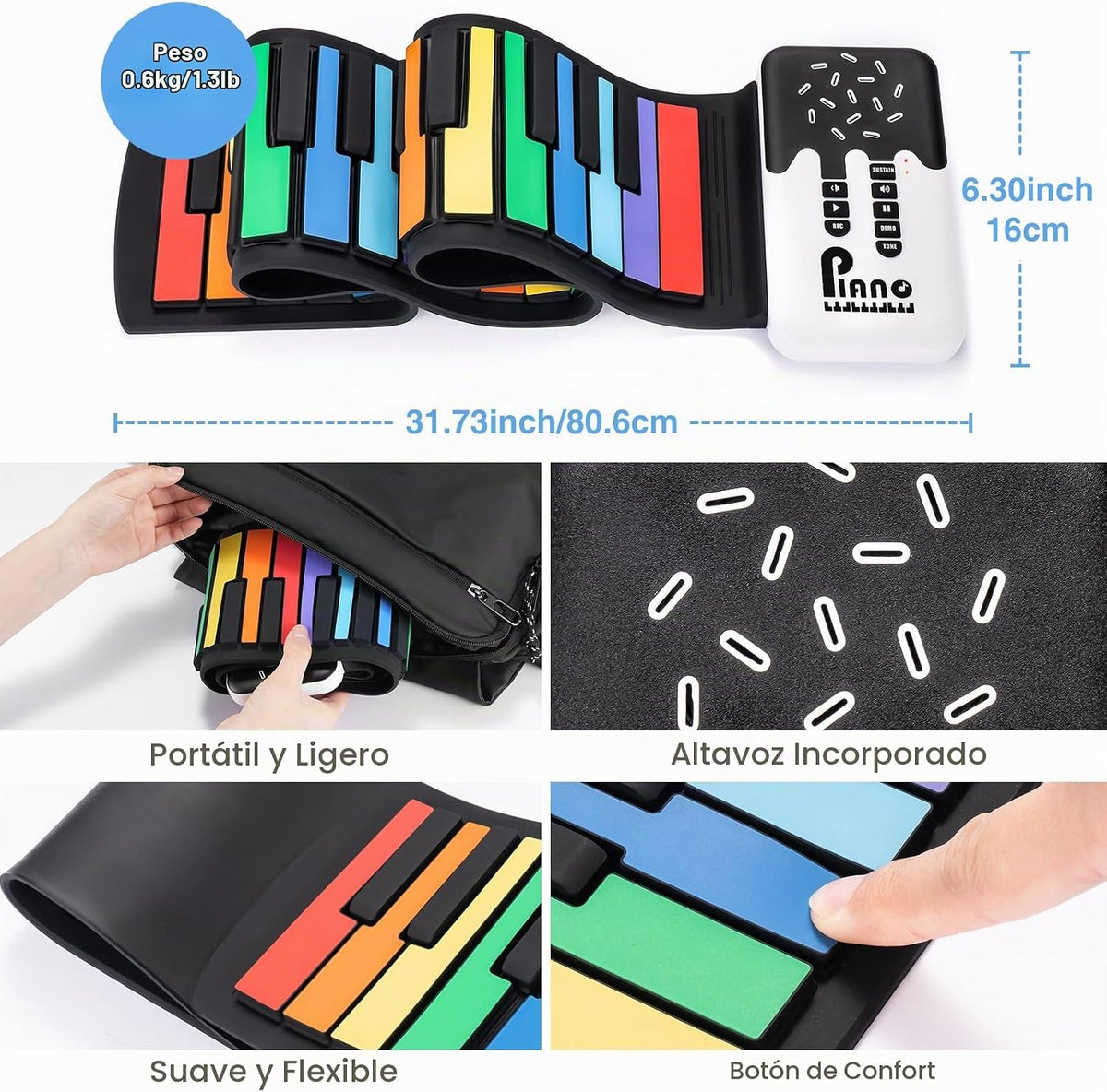 POGOLAB Piano de teclado enrollable de 49 teclas, teclado plegable...