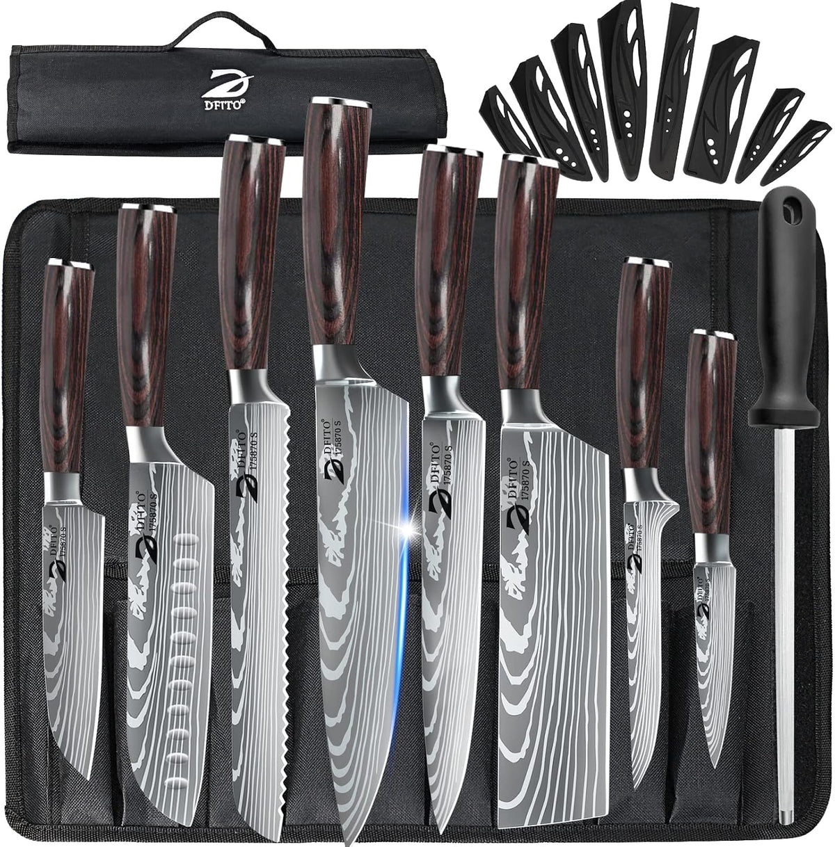 Dfito Juego de cuchillos de chef con bolsa enrollable, juego de 9 p...