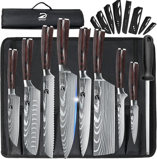 Dfito Juego de cuchillos de chef con bolsa enrollable, juego de 9 p...