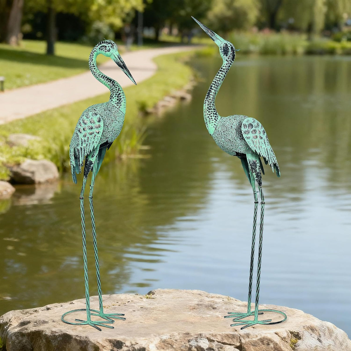 Juego de 2 estatuas de jardín grandes, esculturas de grúa de metal,...
