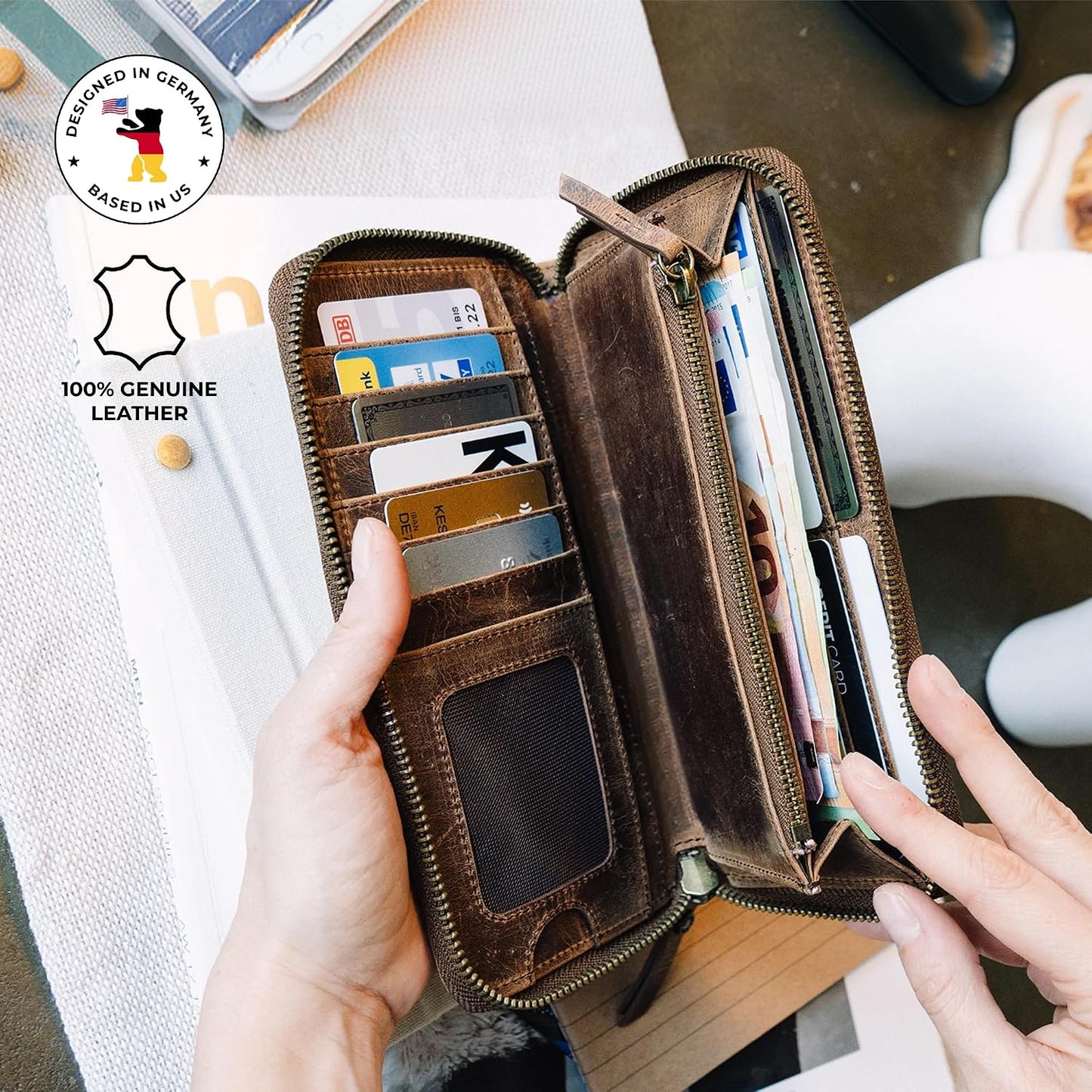 BERLINER BAGS Cartera de cuero genuino con cremallera para mujer, c...