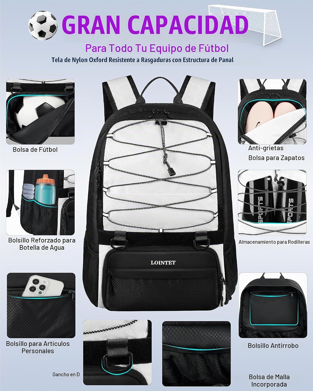 LOINTET Bolsa de fútbol juvenil, mochila de fútbol con compartiment...