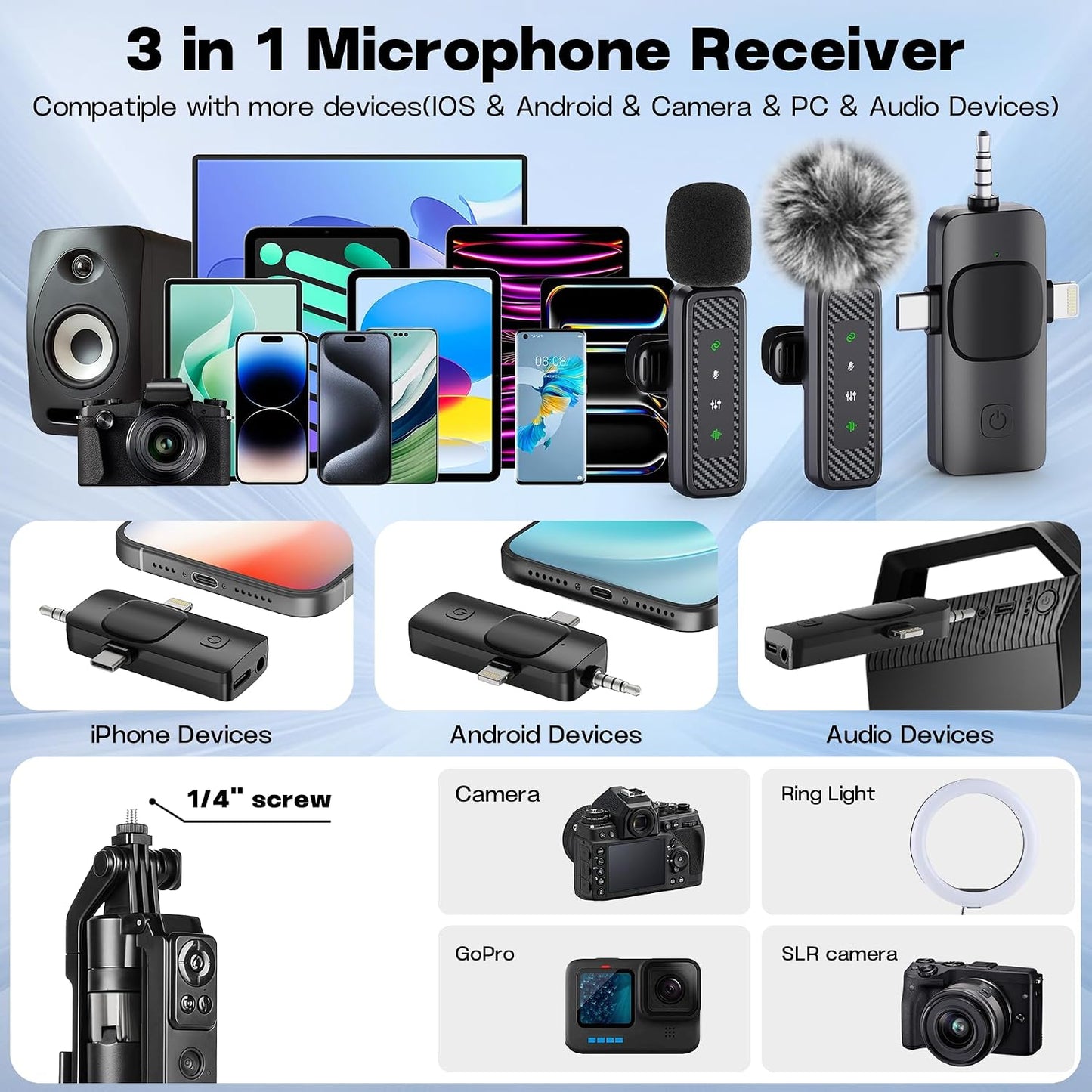 Kit de vlogging con 2 micrófonos y anillo de luz de 10 pulgadas, tr...