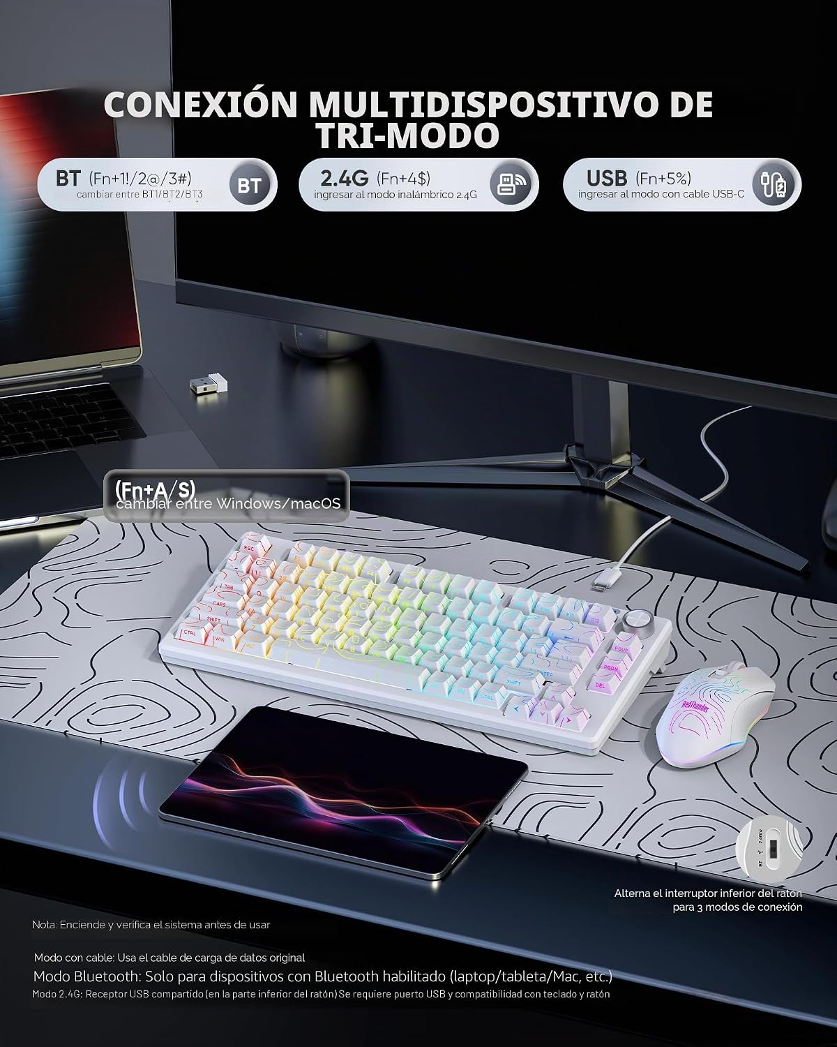 RedThunder K75 Combo de teclado y mouse inalámbricos, teclado graba...