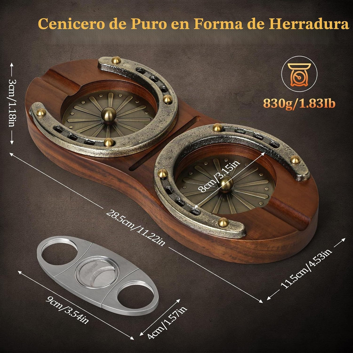SEMKONT Cenicero de puros, cenicero doble de madera de herradura co...