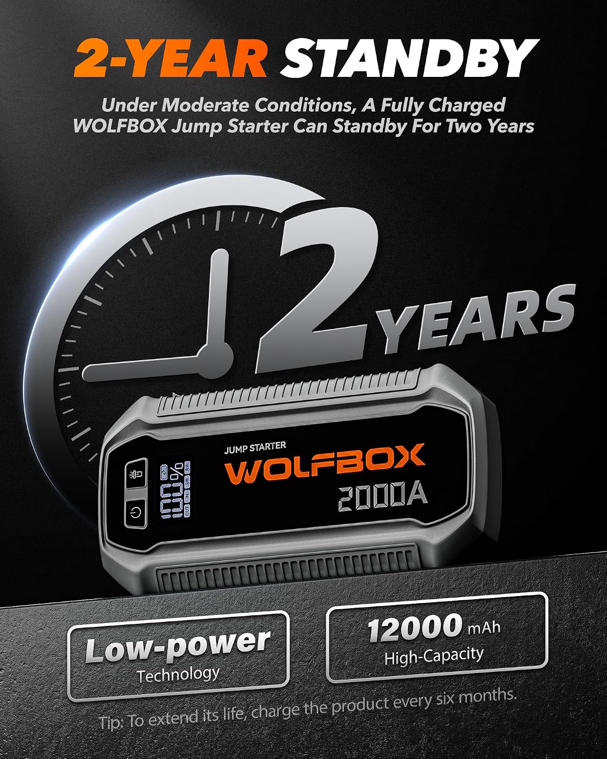 WOLFBOX Arrancador de batería portátil de 2000 A y 44.4 Wh (7L\/6L)...
