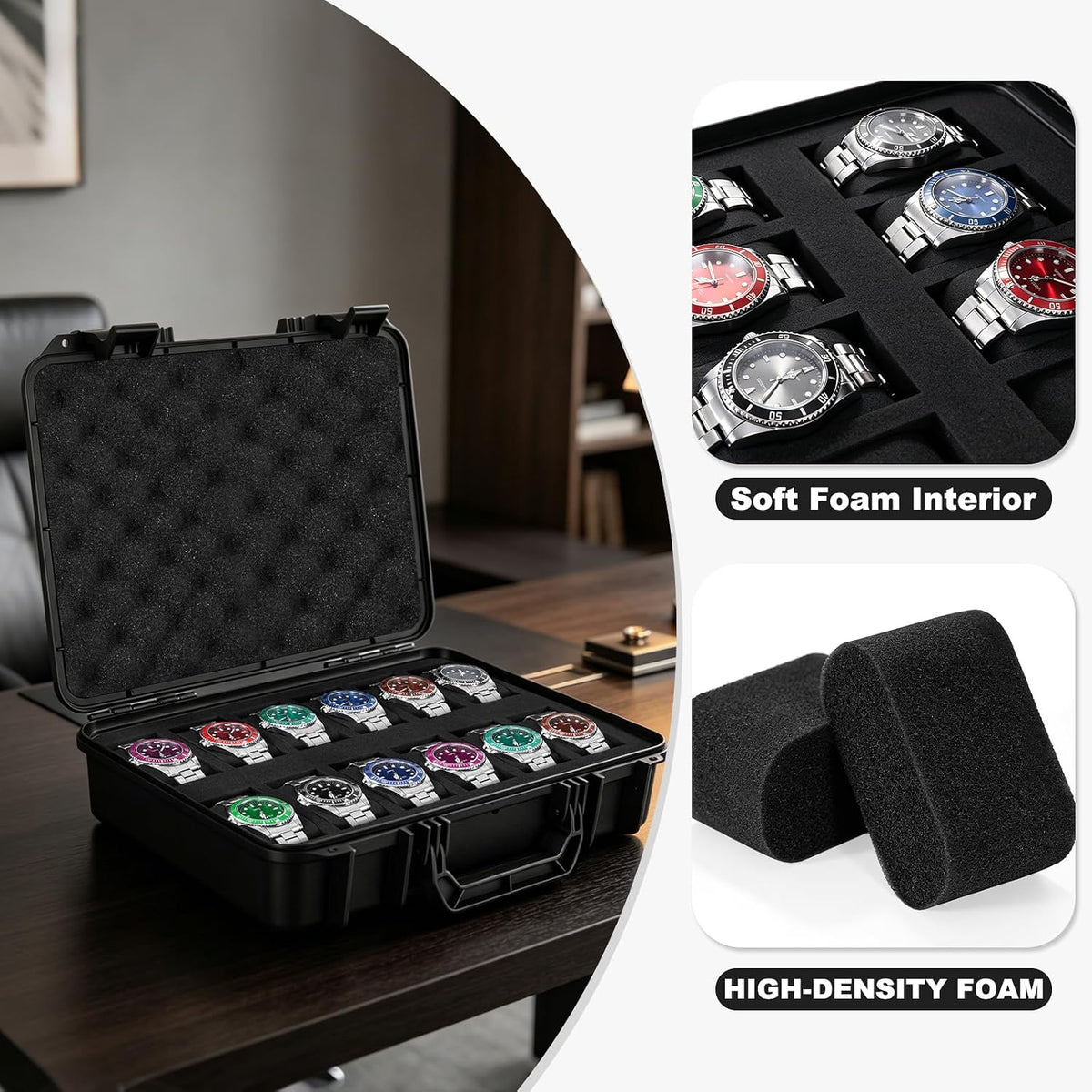 FREEAMG Estuche de viaje para reloj con 12 ranuras para hombres, ca...