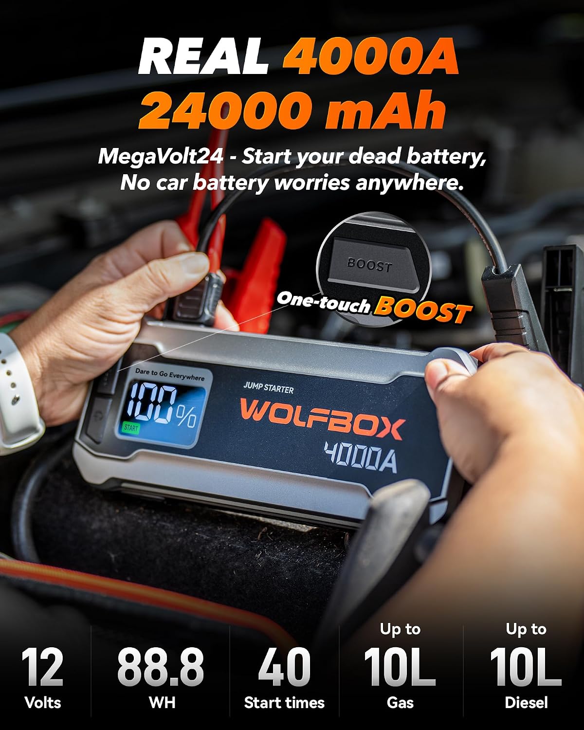 WOLFBOX Arrancador de 4000 A, batería de coche de 12 V portátil con...
