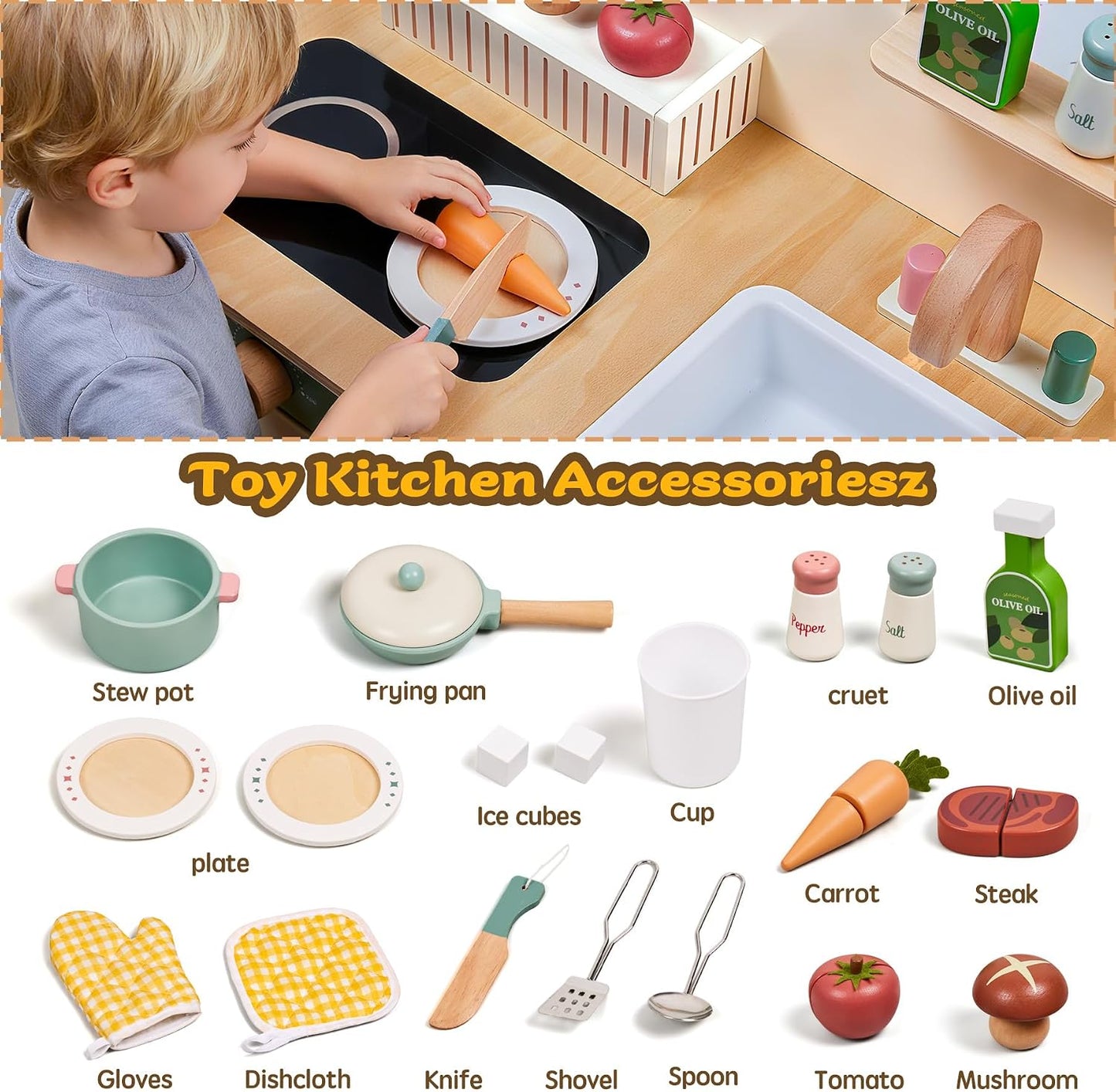 Juego de cocina de madera para niños con comida de juego, juego de...