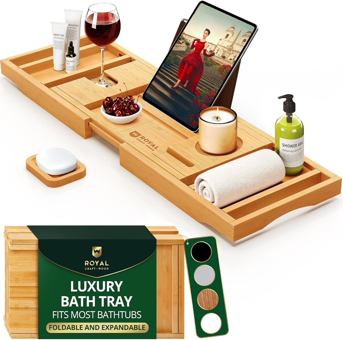 ROYAL CRAFT WOOD Bandeja de Caddy para Bañera de Bambú, Estante de...
