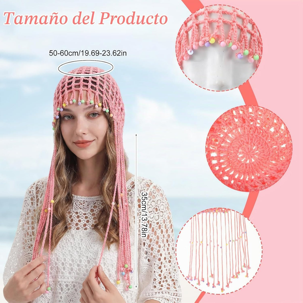 Newcotte Gorros de ganchillo para mujer, gorro con cuentas de borla...