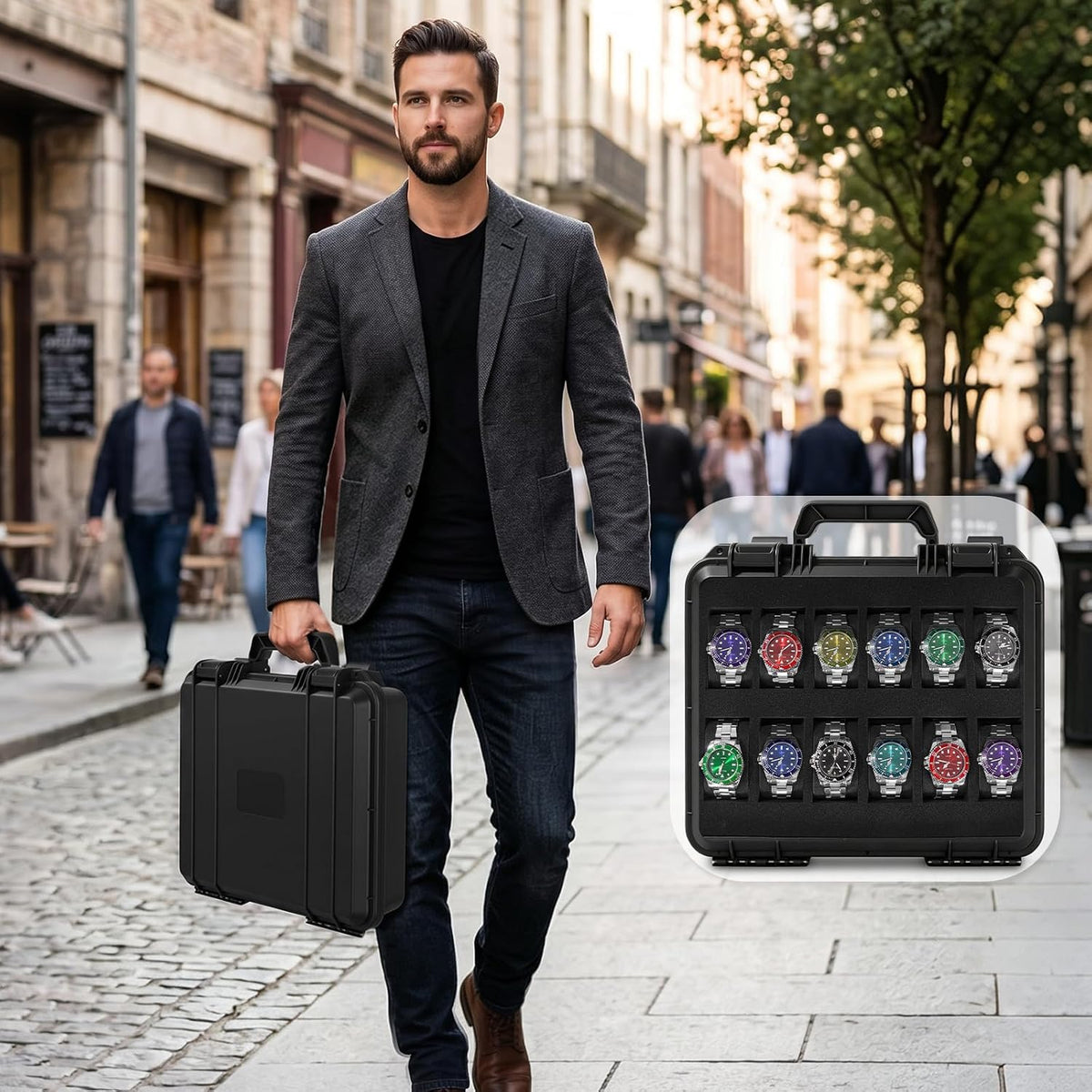 FREEAMG Estuche de viaje para reloj con 12 ranuras para hombres, ca...