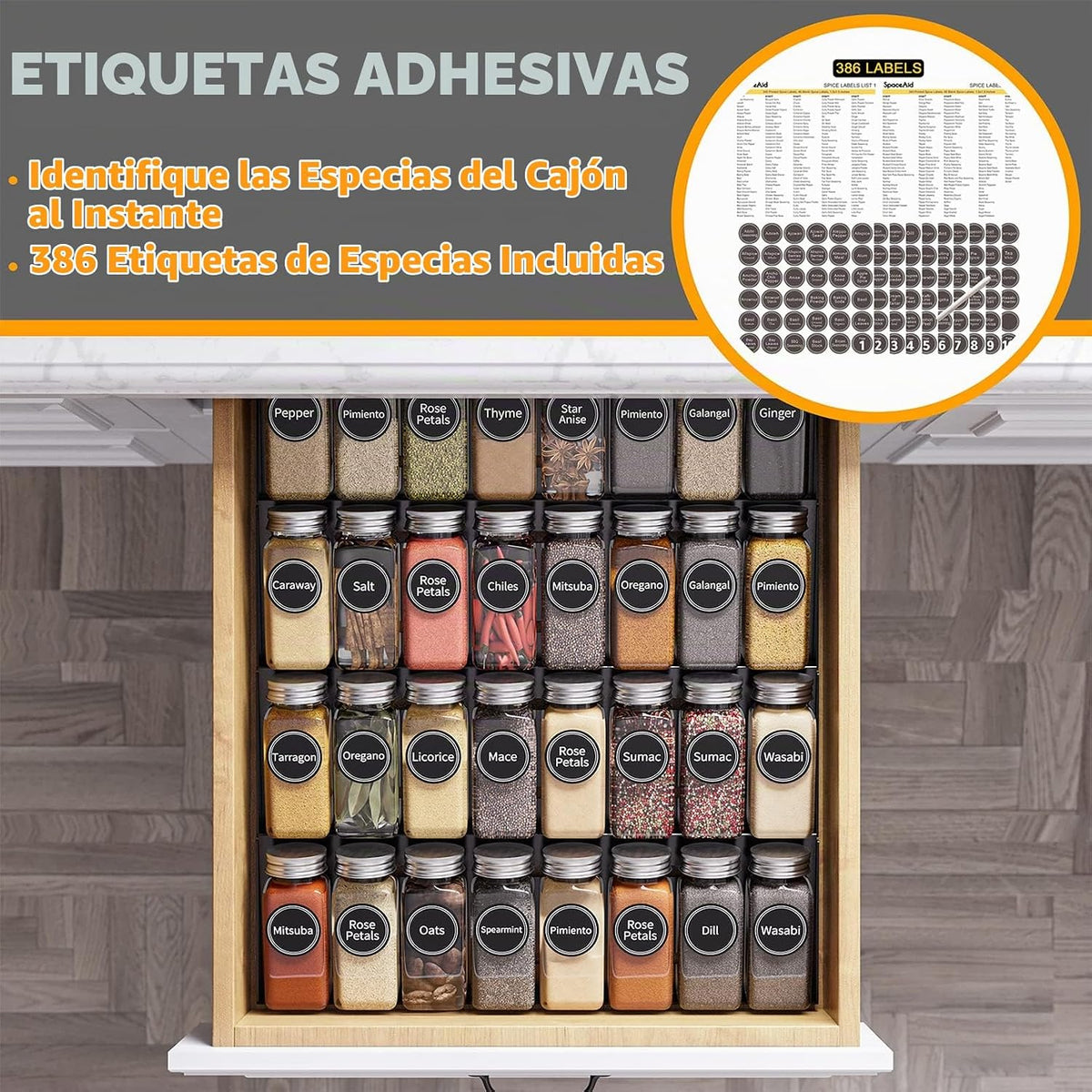 SpaceAid Organizador de especias para cajones de cocina, con 32 tar...